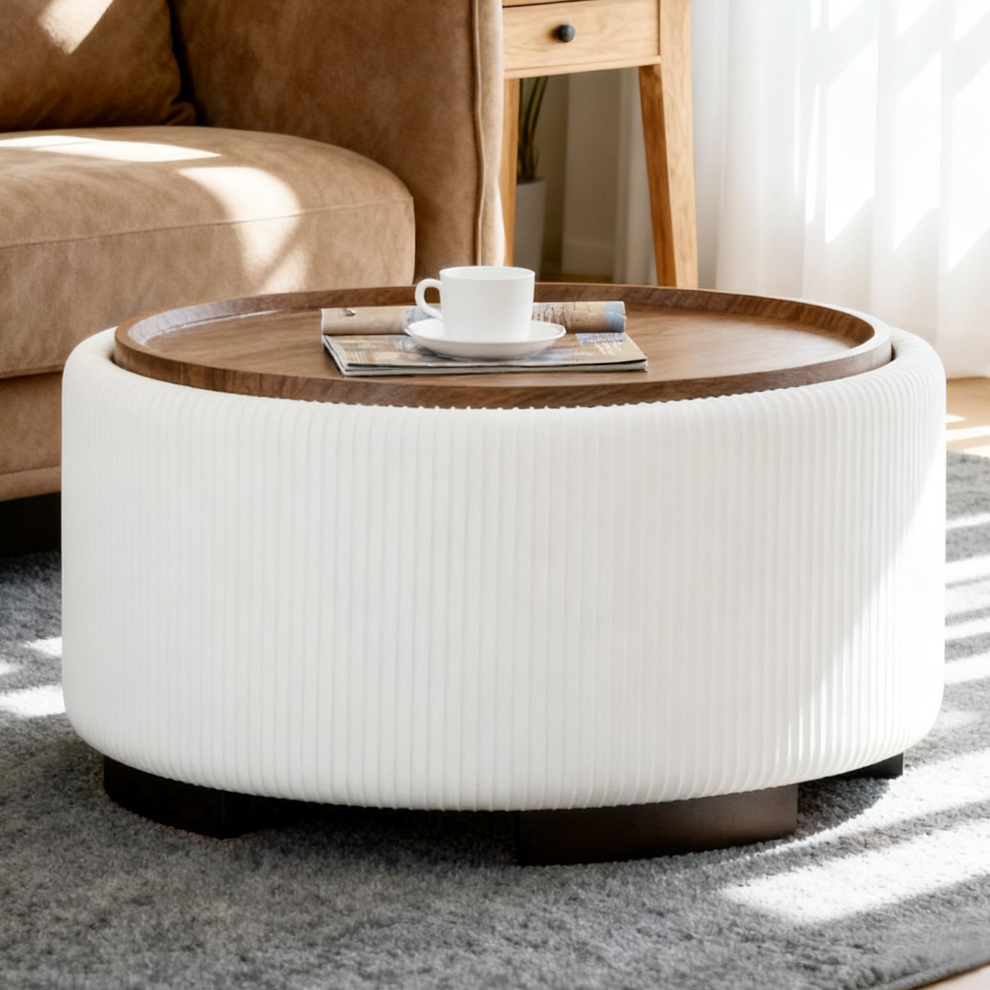Coziture 29.5 Inch Round Velvet Storage Ottoman Coffee Table in Beige