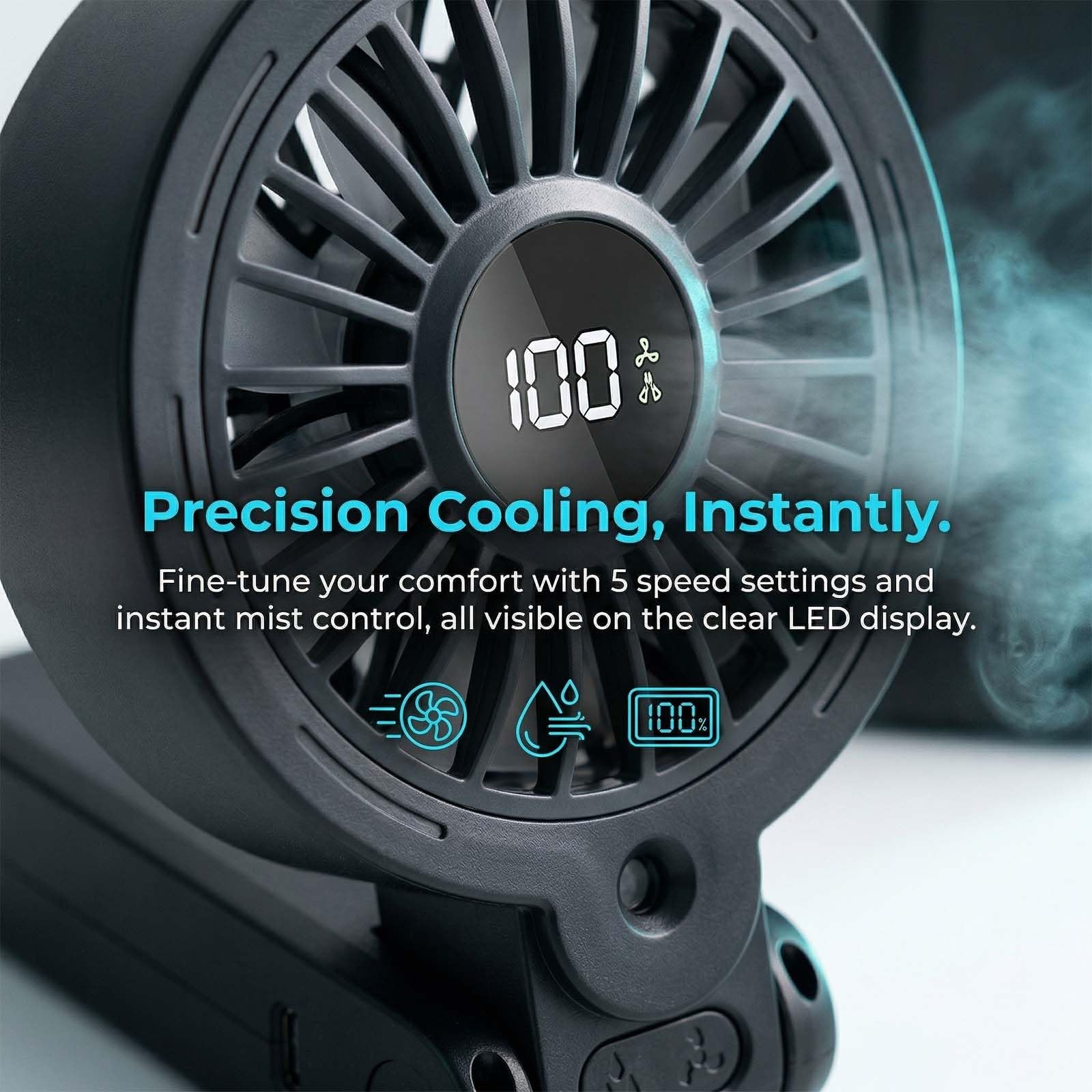 Ventilatore portatile, mini ventilatore nebulizzatore con schermo a LED e 100 velocità, ventilatore USB ricaricabile da scrivania, pieghevole, silenziatore da collo per casa, ufficio, viaggi (nero)