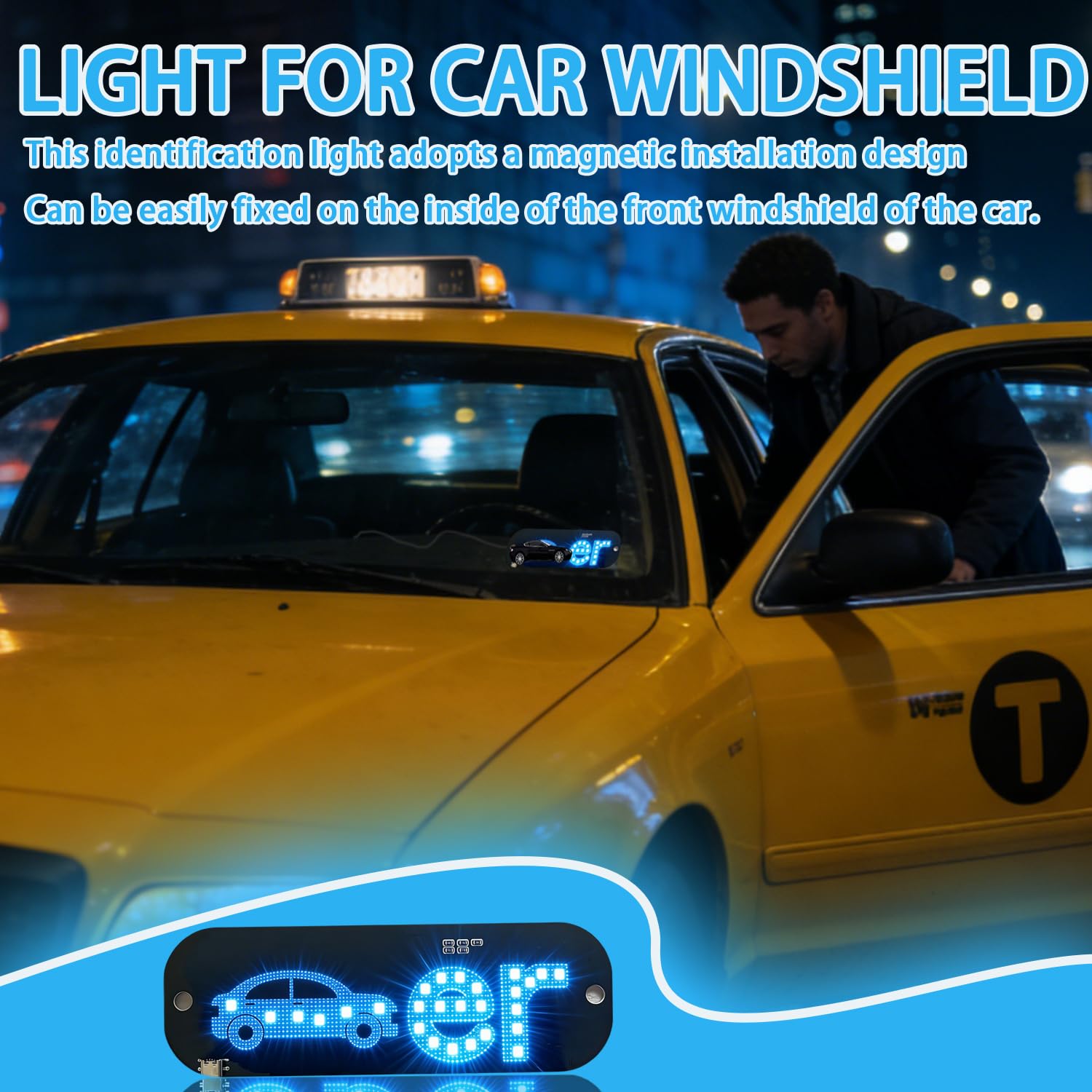 Blue LED Light Sign for Car, Taxi Windshield Light Sign, USB Plug Car Interior Lights Taxi Indicator Lights USB Cable Taxi Sign Light Windshield Car LED, Decal with Suction Cups Flashing Hook — view 4