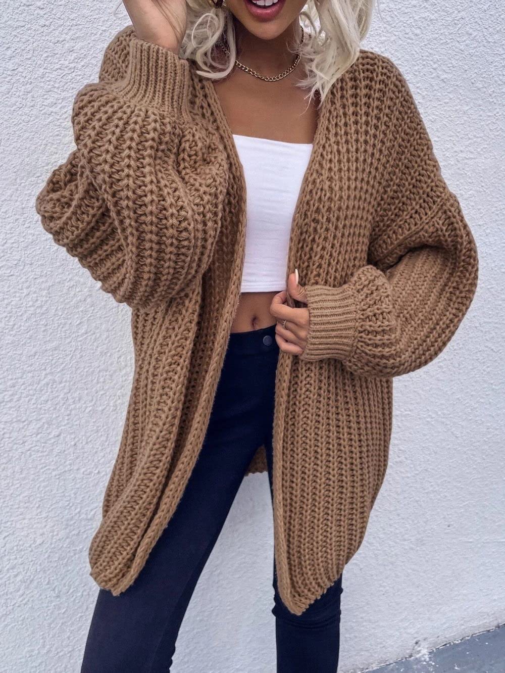 Cardigan Damen,Damen-Strickjacke, Braun, Einfarbig, Grob, Gehäkelt, Mittellang, Gestrickter Mantel, Weicher Frühling Und Herbst, Warme Strickjacke, Langarm, Offener Pullover, Lässige Outing-Outwear