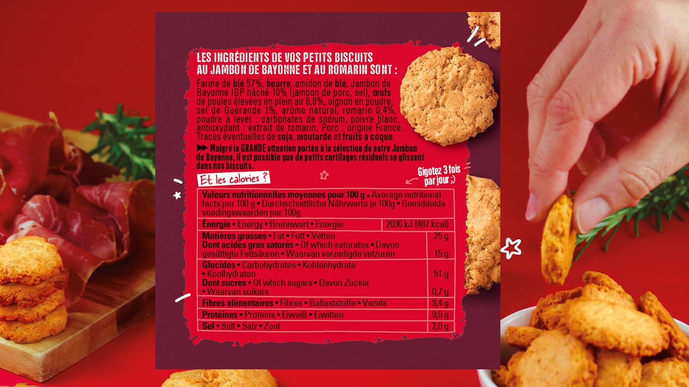 Michel & Augustin – Petits Biscuits Salés au Jambon de Bayonne IGP et Romarin – Biscuits Apéritifs Très Très Croustillants – Fabriqués en France – 90g x 8