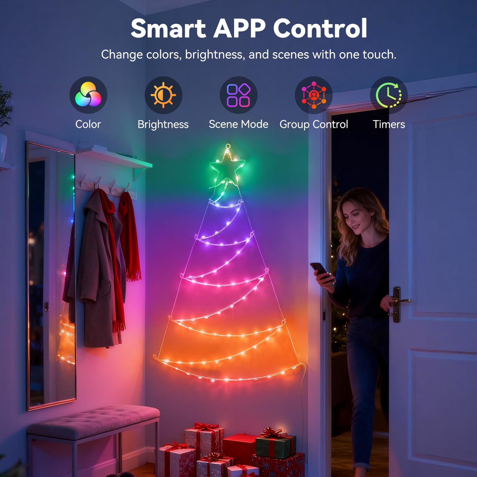 Aigostar Luces para Árbol Navidad con Anillo RGBIC Smart, 1.4M 140 LEDs, Control por APP y Mando, 39 Efectos Dinámicos, 150+ Escenas, Music Sync, para árbol de Navida Interior Exterior Decoracion