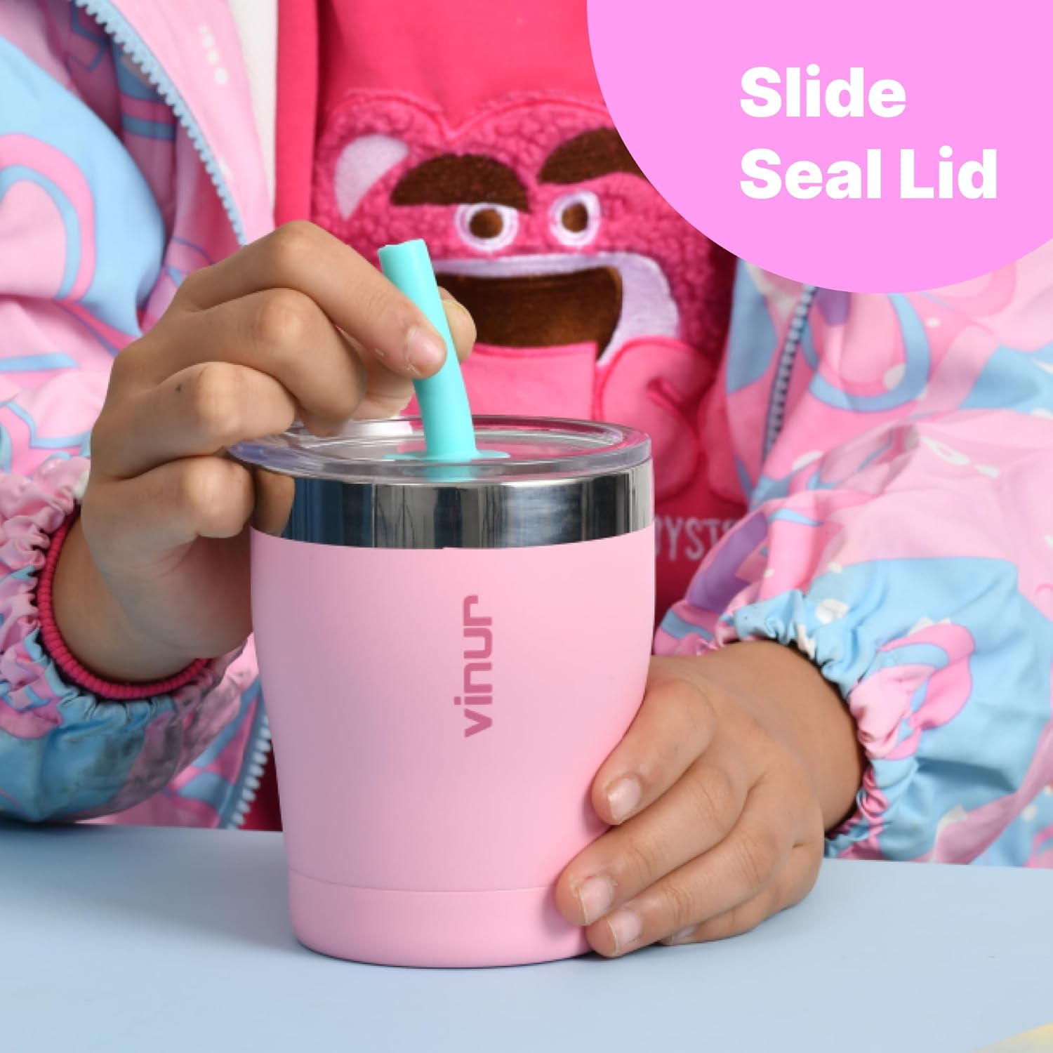 VINUR Kids Tumbler with Lid and Straw | 9 oz Stainless Steel Vacuum Insulated Tumbler for Girl, Spill-Proof Water Cup for Travel(Hot Pink) - Image 5