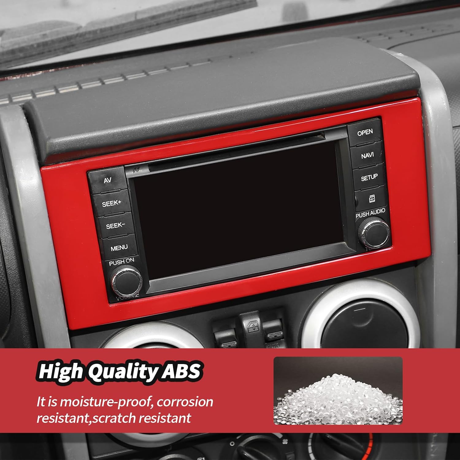 JeCar Fit for Wrangler Red Interior Center Console Audio Radio Panel Cover Trim Accessories for 2007-2010 Jeep Wrangler JK JKU