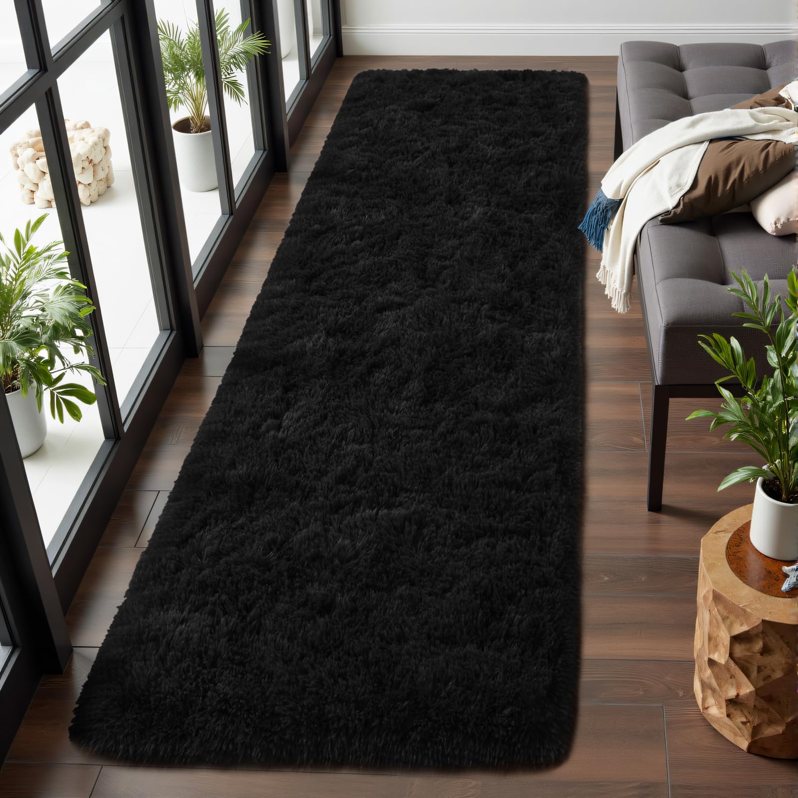 Macgace Fluffy Runner Rug, 2x6 Black Washable Hallway Area Rugs for Bedroom Living Room Kitchen Laundry, Long Shag Rug with Non Slip Rubber Backing