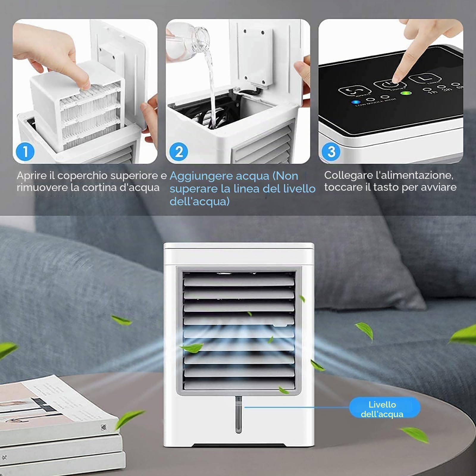 Condizionatore d'aria portatile, raffreddatore d'aria evaporativo con 3 velocità, USB Touch condizionatore d'aria personale con temporizzazione 1/3/6H, mini ventola di raffreddamento da tavolo per