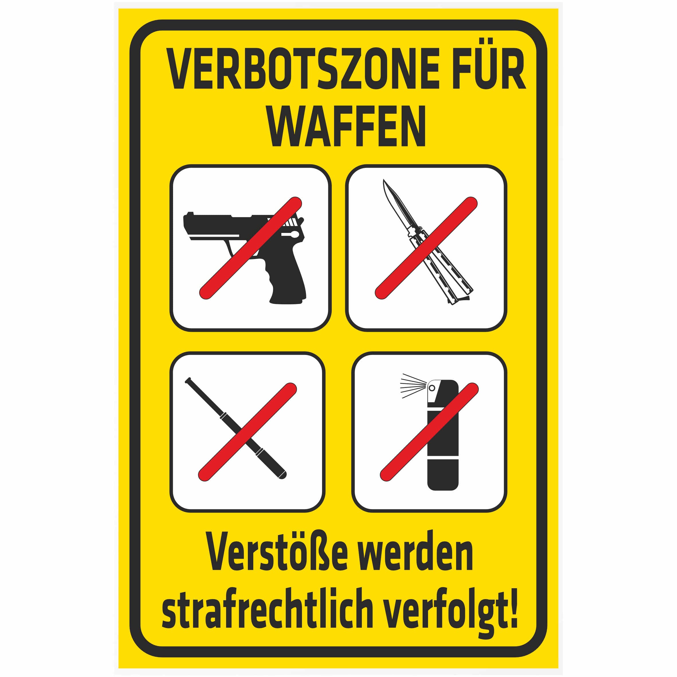 INDIGOS UG - Aluverbundplatte Schilder 3mm - Sicherheit - Waffen verboten - mit vier Verbotszeichen - mit Ihren Verordnungsangaben - 600x400 mm - Hotel, Firma, Schutz, KITA, Arzt, Praxis, Wohnung