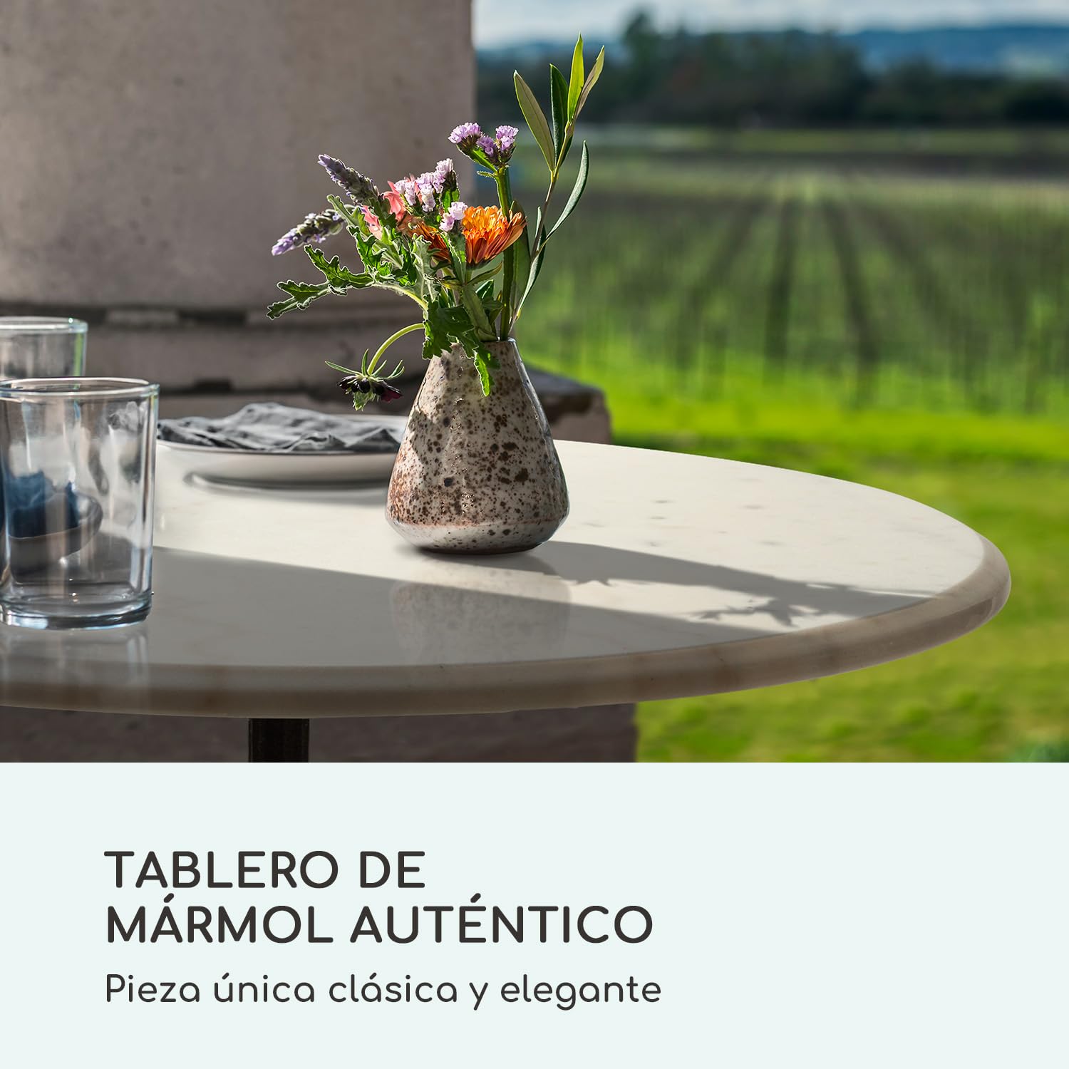 blumfeldt Patras - Mesa de bar con borde decorativo, Mesa de café con base de hierro fundido, Para interior y exterior, Resistente al agua y heladas, Ø 60 cm, Altura 71 cm, Blanco