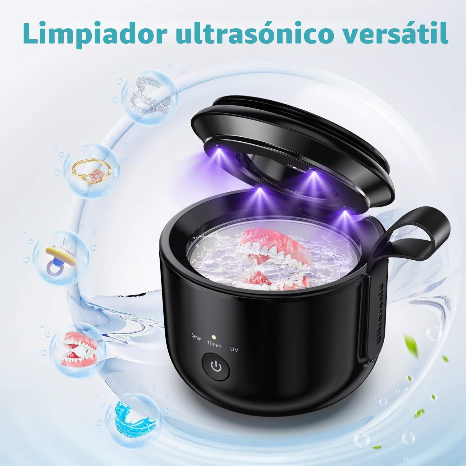 Limpiador Ultrasónico Inalámbrico para Prótesis Dentales, 48 kHz, 125 ml, 3 Modos, Luz UV, Batería 2000 mAh