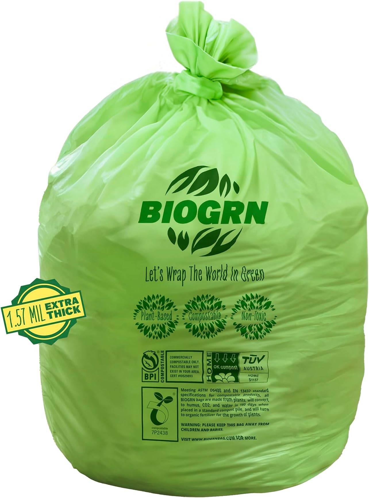 BIOGRN 55 Gallon Compostable Trash Bags Flat-Top, Heavy Duty Extra Thick 1.57 Mil, 208.2 Liter, 12 Bags, Large Lawn and Yard Waste Bag, ASTM D6400, US BPI and OK Compost Home Certified