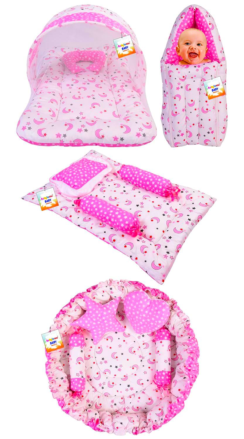 Babytoons Baby Bed New Born Baby Bedding Set | Mosquito Net | Sleeping Bags | Mattress | Nest Bed | Essentials | Carry Bag | Baby Girls & Boys | Infants (0-6 Months) (4PCS Set)