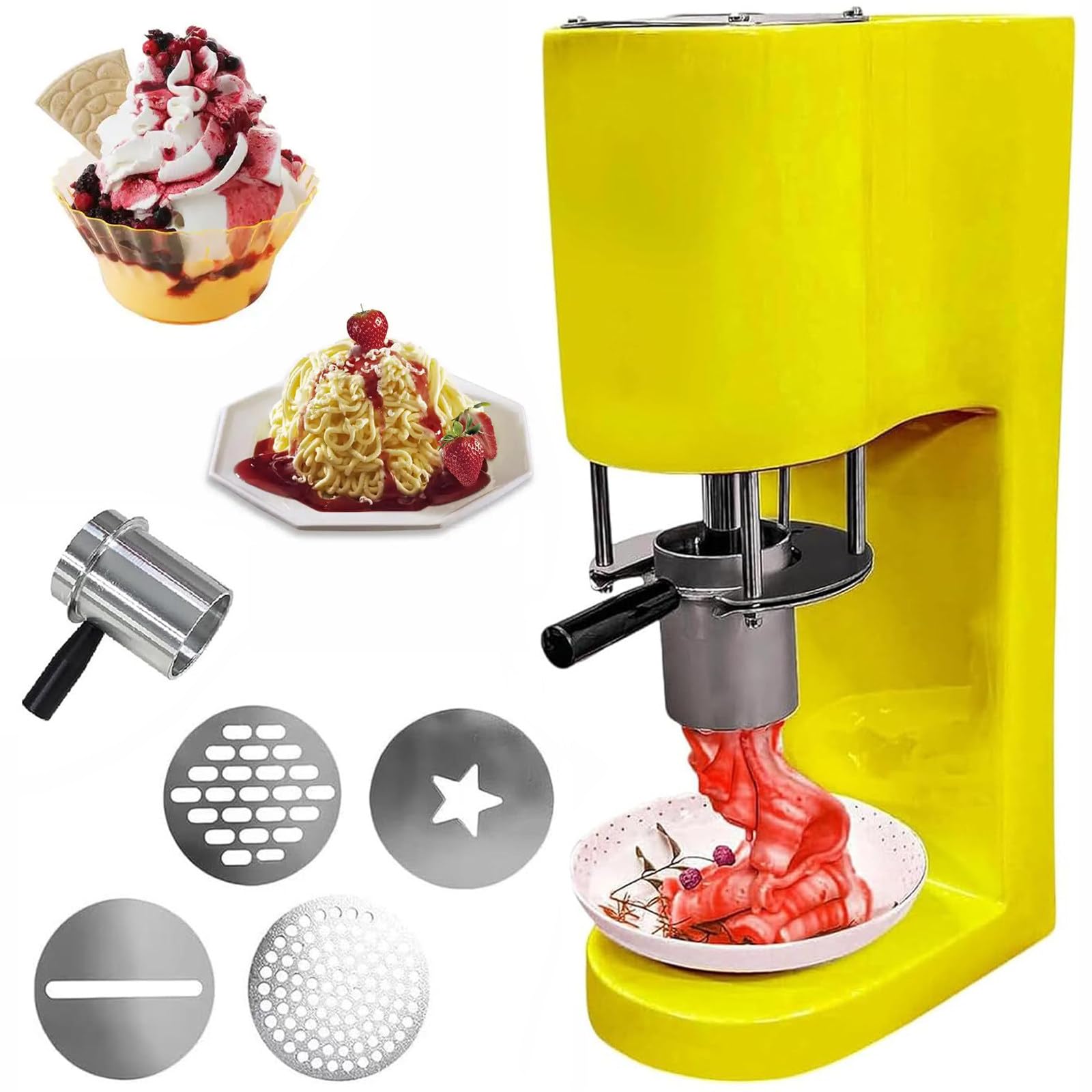 Machine à Glace Spaghetti – 4 moules interchangeables, trémie 420 ML, Design Compact, démarrage par Simple Pression, Nettoyage Facile ; pour commerces et Secteur l'événementiel. Yellow