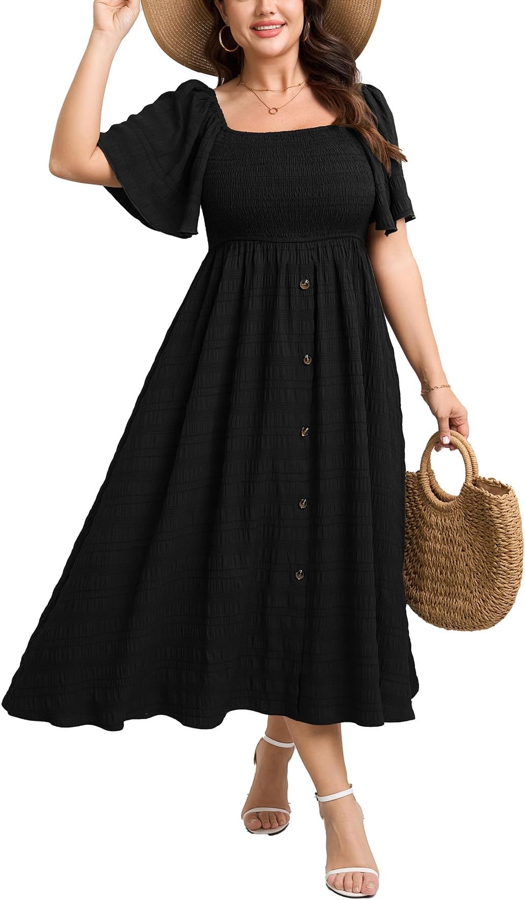 Plus Size Casual Maxi Boho Dress for Curvy Women Short Sleeve Square Neck Smocked Summer Beach Dresses Button Down