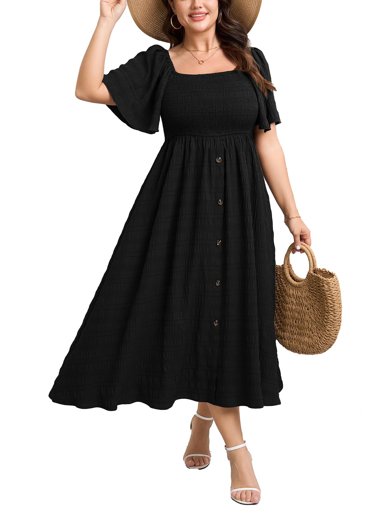 Plus Size Casual Maxi Boho Dress for Curvy Women Short Sleeve Square Neck Smocked Summer Beach Dresses Button Down