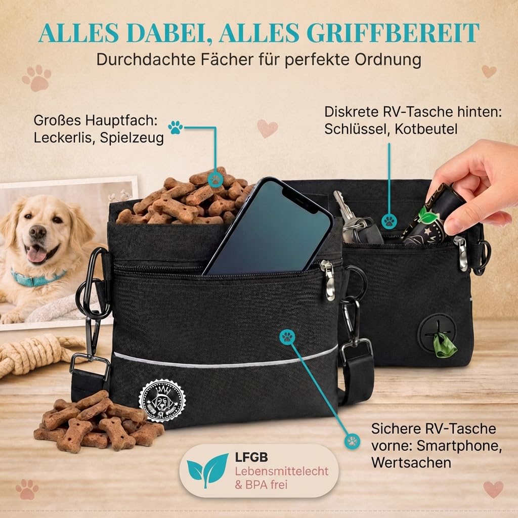 HUND IST KÖNIG Leckerlietasche für Hunde mit Einhand-Magnet-Verschluss, 2 Zip-Fächer, herausnehmbare Innentasche, Leckerlibeutel für Hunde fürs Gassi & Hundetraining, inkl. Trainings-eBook