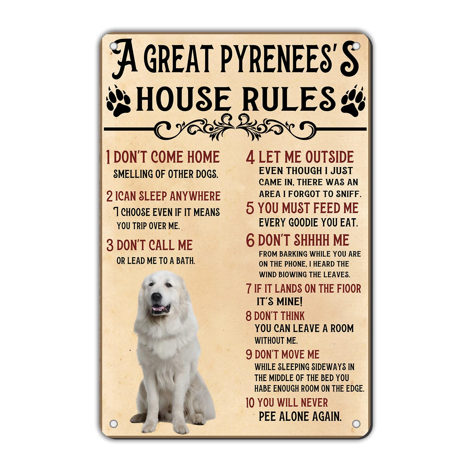 Anceky Tin Sign Vintage Dog A Great Pyrenees House Rules Metal Sign Wall Decor for Yard Farmhouse Outdoor Garden Fence 12×8 Inch