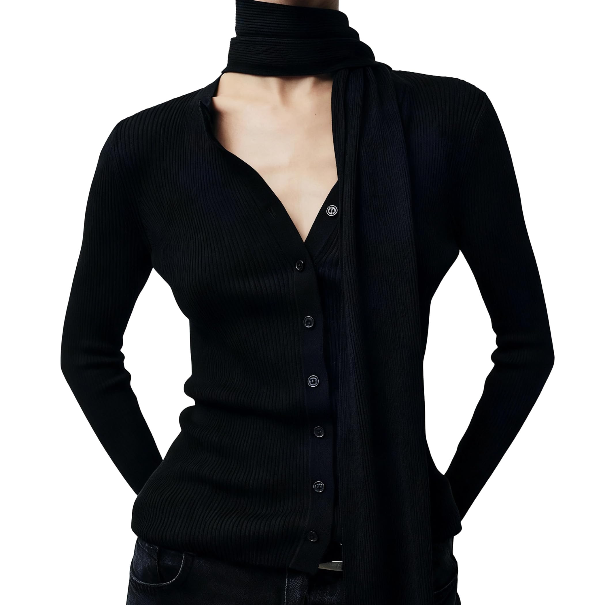 Womens Knit Cardigan with Matching Scarf Lightweight Ribbed Long Sleeve Sweater Coat Fall Winter Outwear