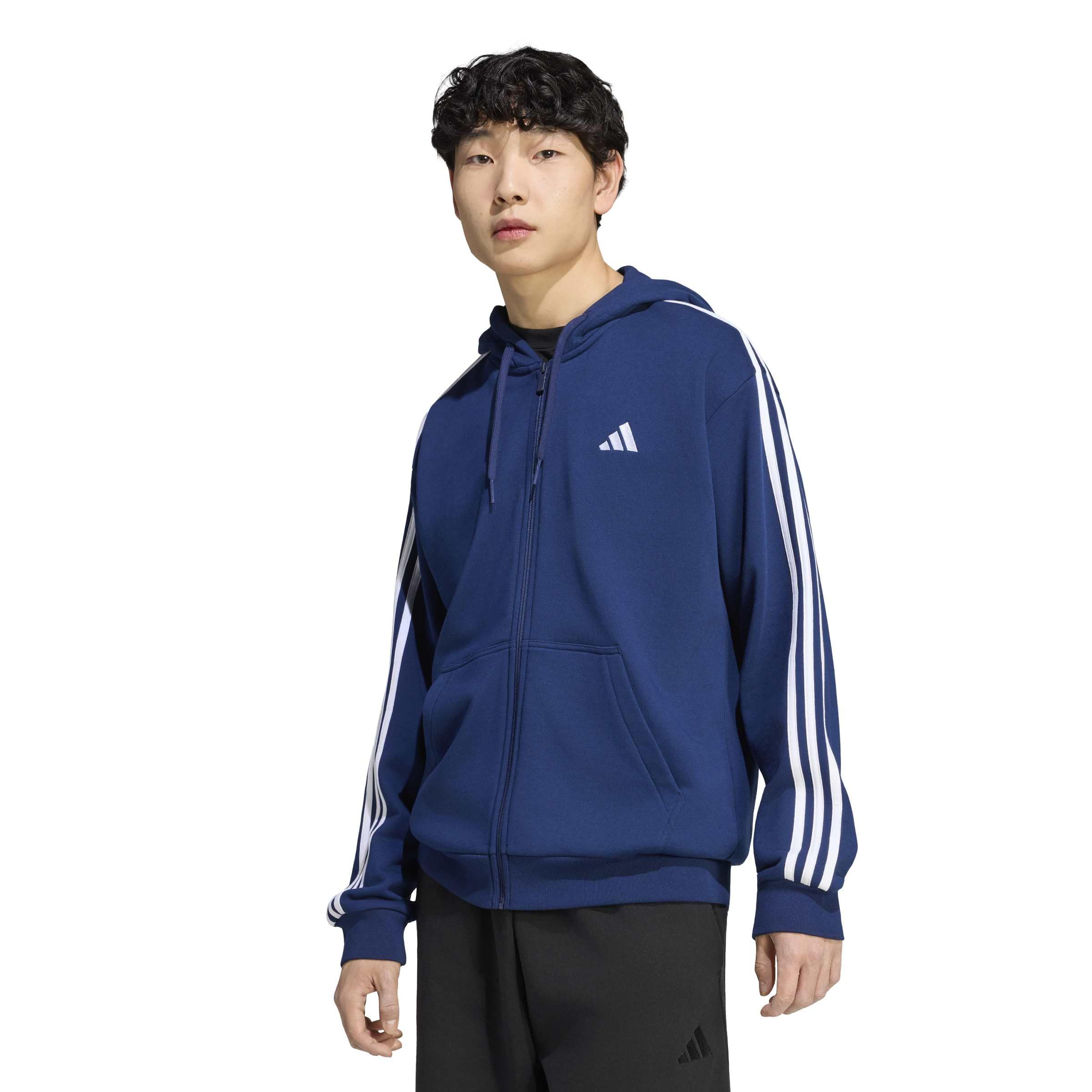 adidas Homme Essentials 3-Stripes French Terry Full-Zip Hoodie Sweatshirt, Team Navy Blue 2/White, M