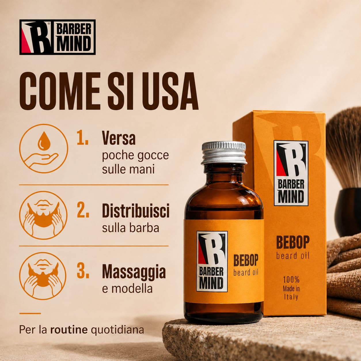 Barber Mind Bebop Olio da Barba Uomo, Beard Oil con Oli Essenziali di Lavanda, Menta Piperita e Rosmarino per Barba Morbida, Idratata e Profumata, Made in Italy, 50 ml
