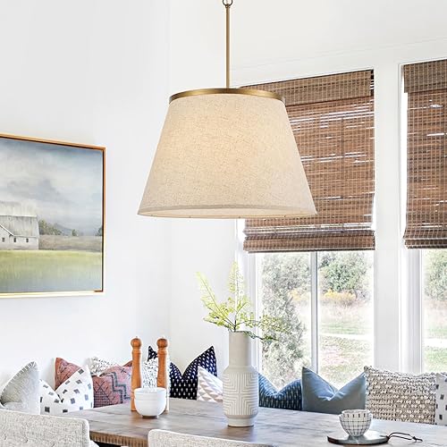 Miniatura 2 de Lámpara de araña bohemia de 24 pulgadas, tambor de tela cónica y detalles dorados antiguos, acabado de pintura, iluminación colgante para cuarto de