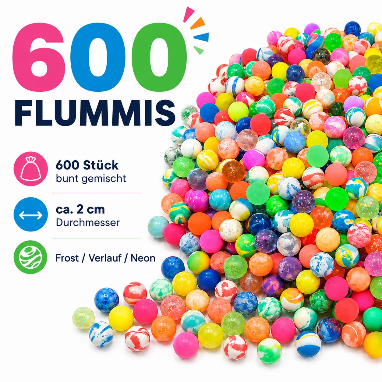 jameitop® 600 FLUMMIS gemixte Bunte Farben (Frost/Verlauf/Neon) 2 cm Spring Ball Sprungball Hüpfball Ball