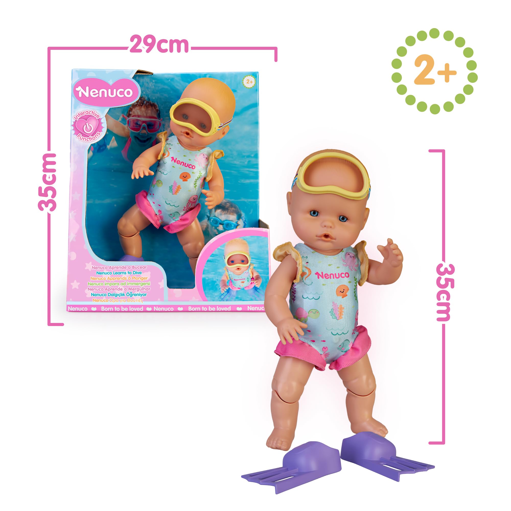 Nenuco - ¡Aprende a Bucear! Muñeco de 35 cm y Cuerpo Duro Que Mueve Sus piernas y Nada solito. con tu Ayuda podrá sumergirse en el Agua y bucear. Incluye bañador, Aletas y Gafas de bucear (NFN75000)
