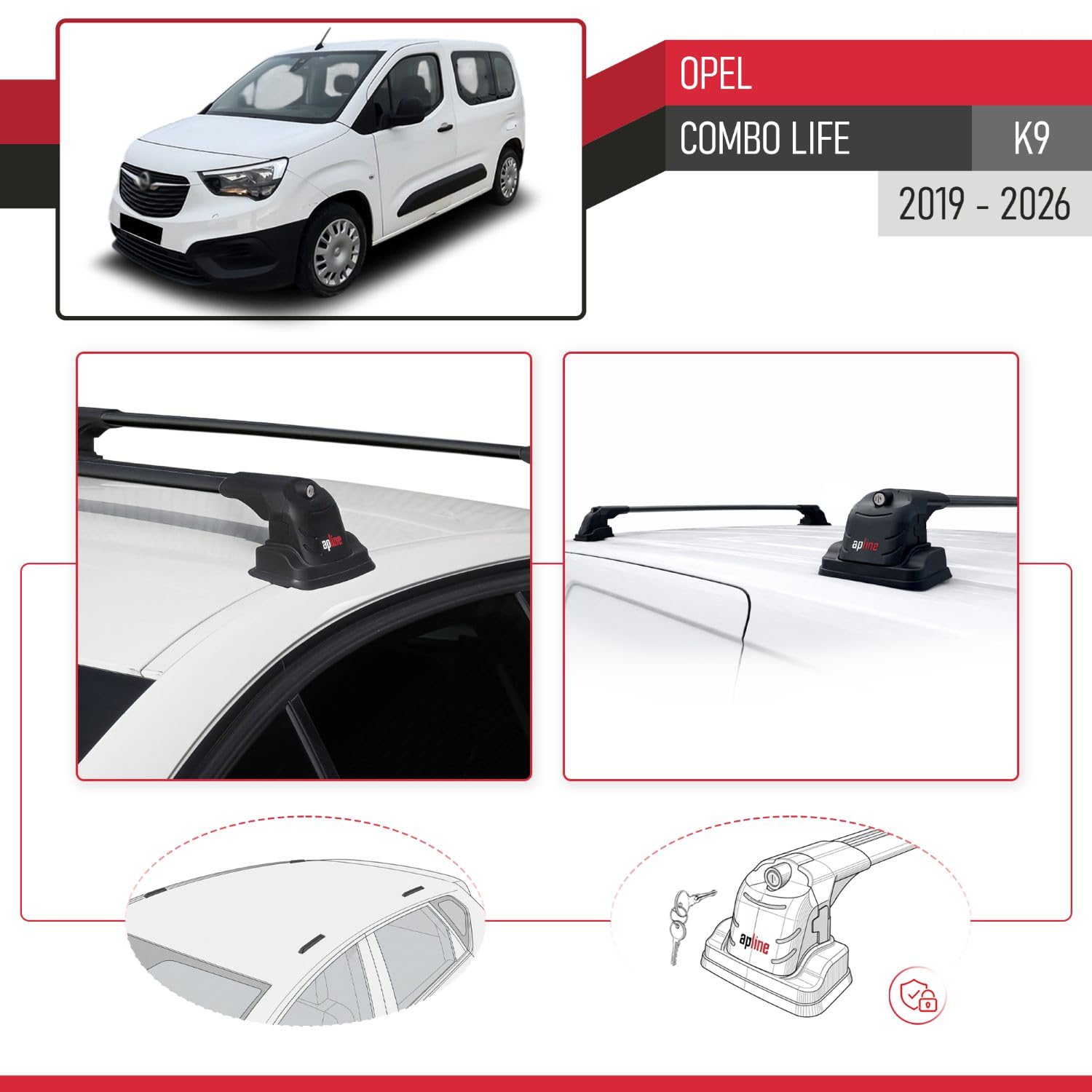 Compatible con Opel Combo Life (K9) 2019-2026 Modelo Ace-3 Barra de Techo Auto Portaequipajes Barras Transversales Negro Aluminio 2 Barras