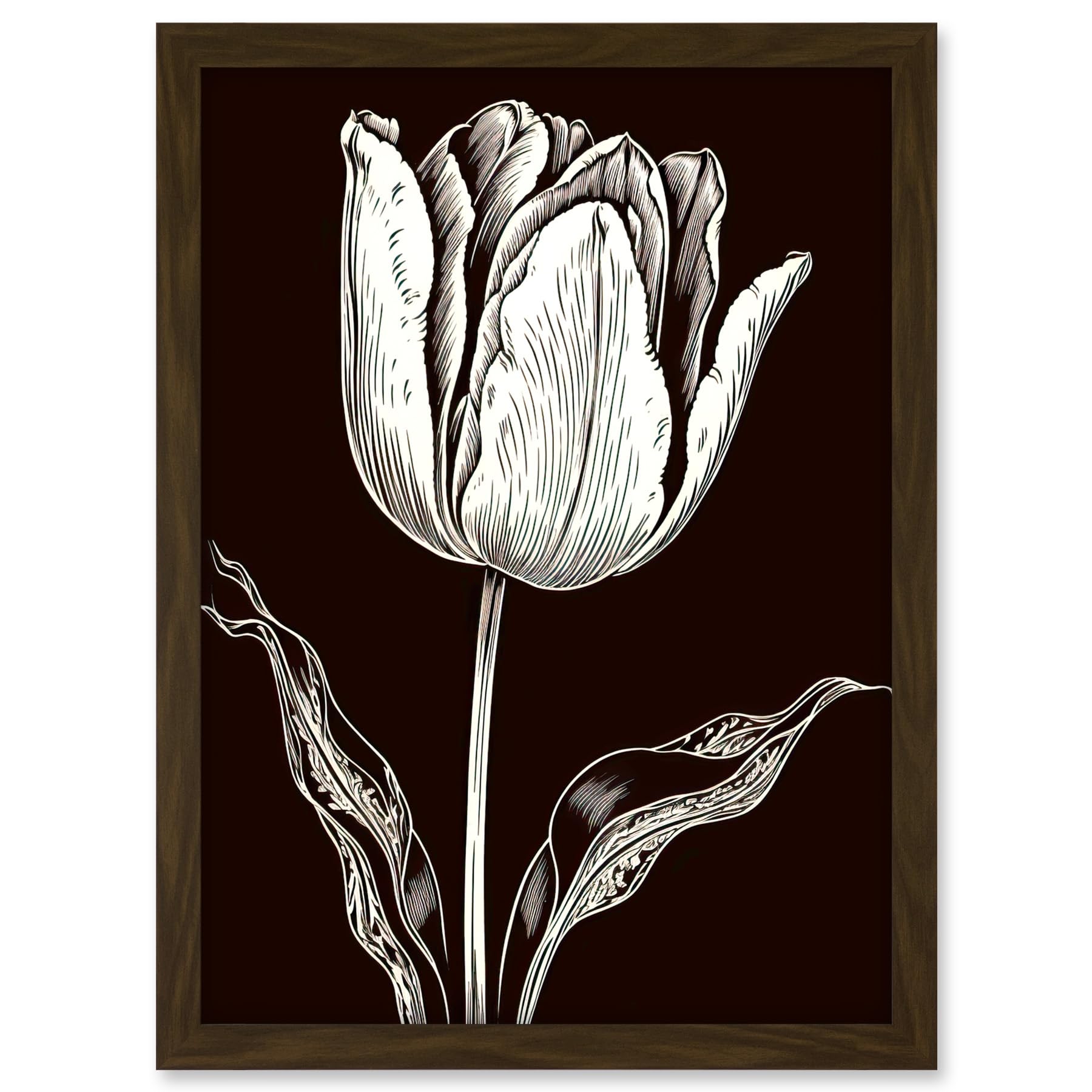 Artery8 Tulip Flower Black and White Contour Folk Art Artwork Framed A3 Wall Art Print