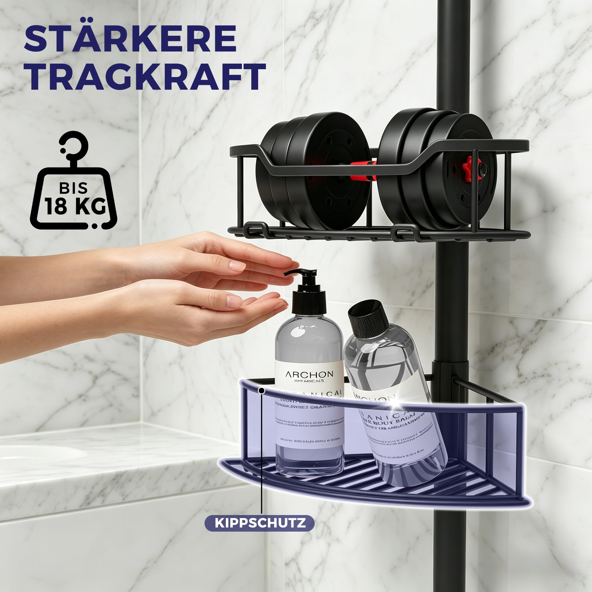 Purejoy Estantería telescópica para ducha, color negro | Sin taladrar, acero inoxidable, 4 cestas, para ducha y baño