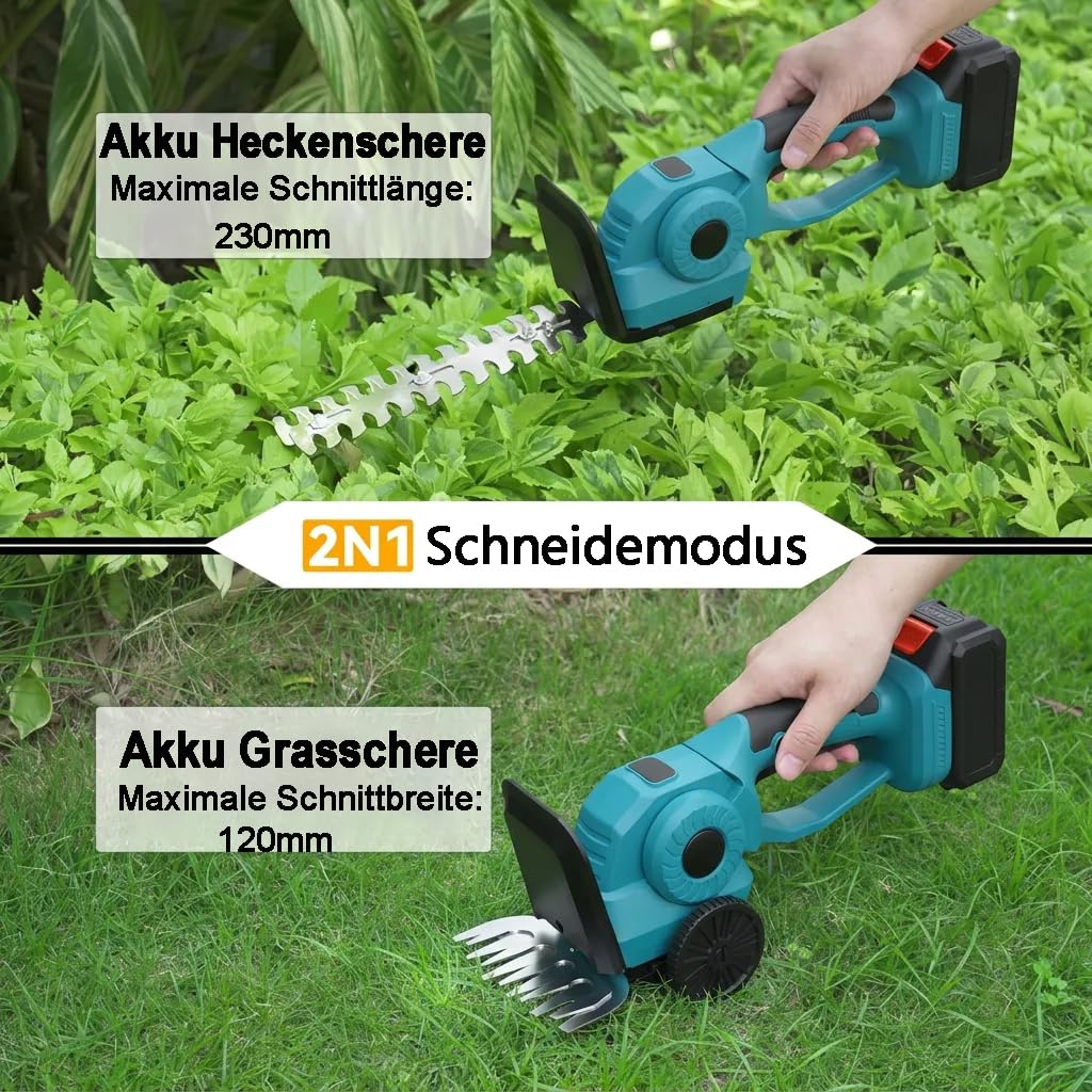Akku-Heckenschere für Makita Akkus,2-in-1 Akku Grasschere und Strauchschere | Elektrische Gartenschere mit 2x2,0Ah Batterien & Ladegerät,Schnittbreite 12cm, Schnittlänge 23cm, für Garten,Hof und Rasen