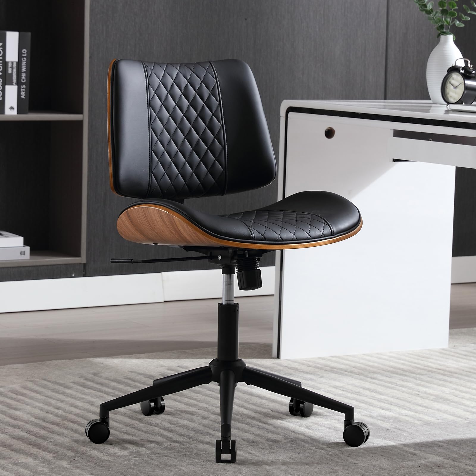 Home Office Chair No Arms with Wheels, Adjustable Height Small Desk Chair, PU Leather Mid Back 360 Swivel Computer Chair, Armless Modern Walnut Chair for Office, Reading Meeting Room(Black)
