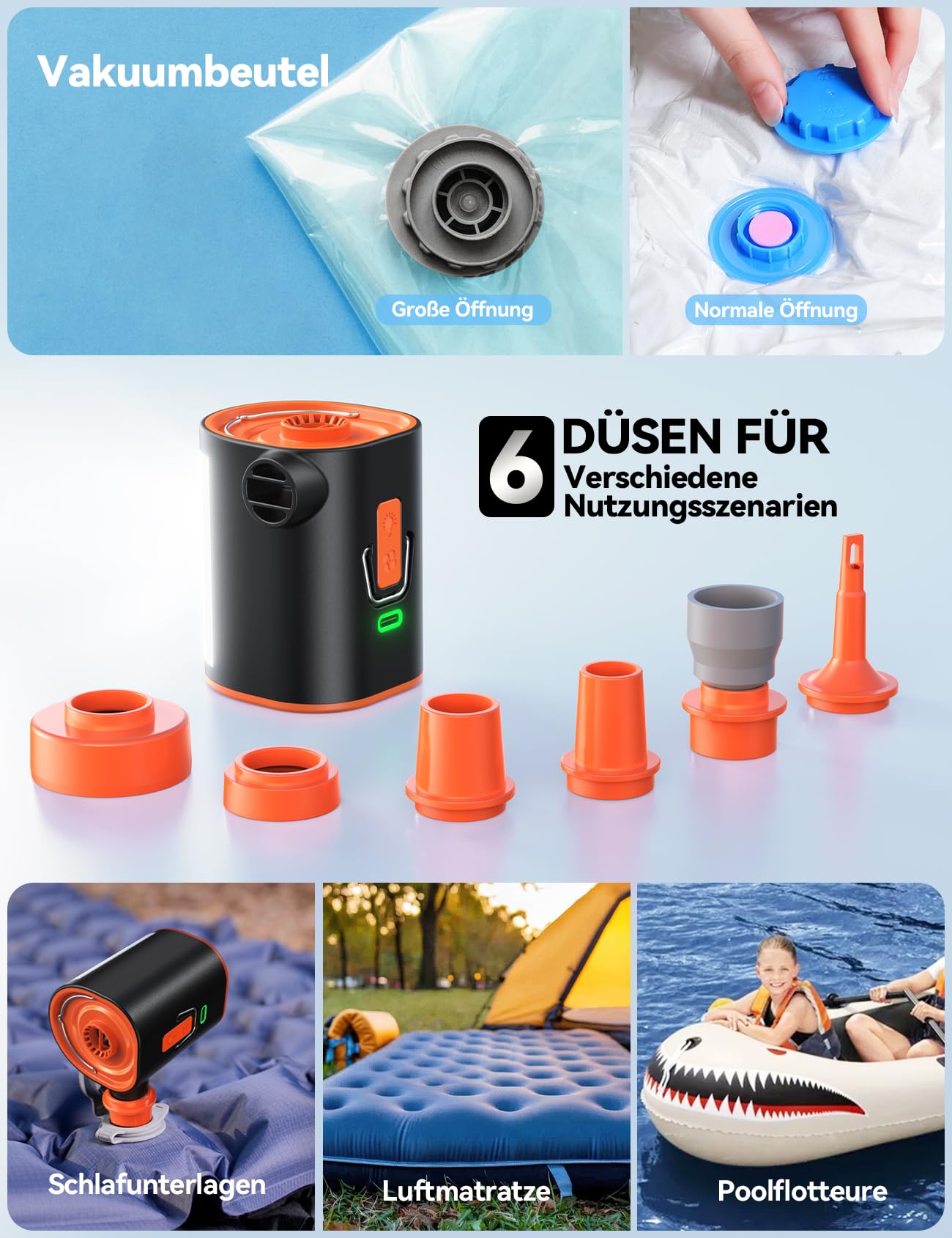 JOYROOM Elektrische Luftpumpe Kompakte für Luftmatratze mit Campinglampe, 4.8 kPa Wiederaufladbare Luftpumpe Luftmatratze mit 3600 mAh Akku Inklusive 6 Düsen Für Luftkissen Schwimmring Vakuumbeutel