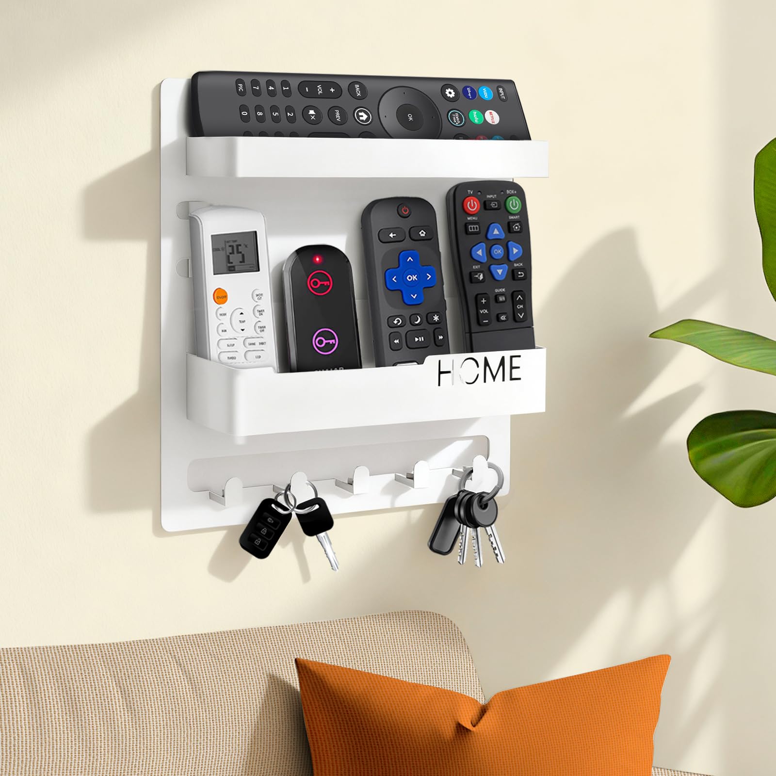 MASHDE Bedside Organizer Remote Holder - Wall Mount Storage for Phone, Glasses & Essentials with 5 Hooks (White)