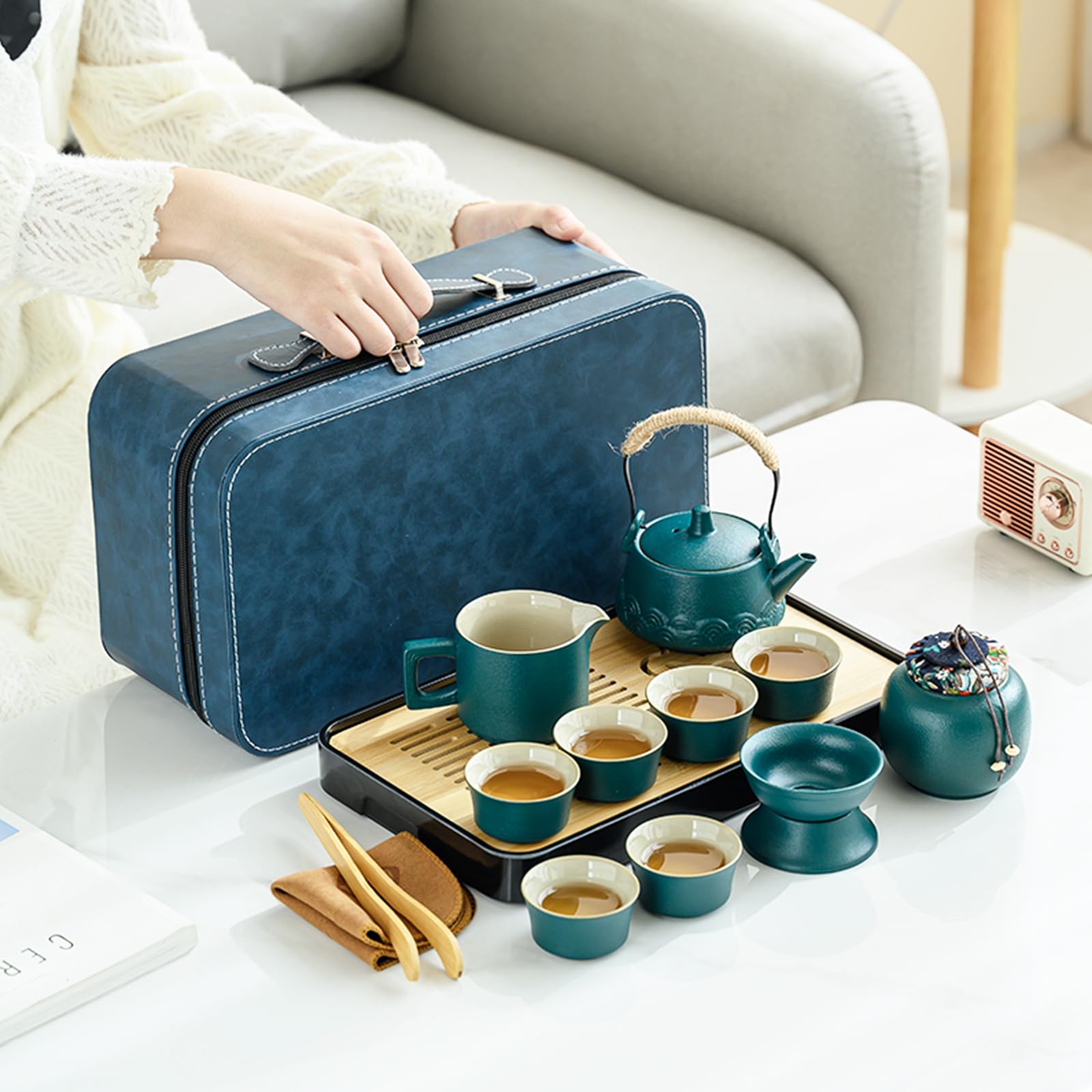 Service à thé chinois japonais, 14 pièces Gongfu avec 6 petites tasses, plateau à caniste, passoire traditionnelle, kit de cérémonie du thé Kung Fu portable en céramique pour la maison, le bureau, les