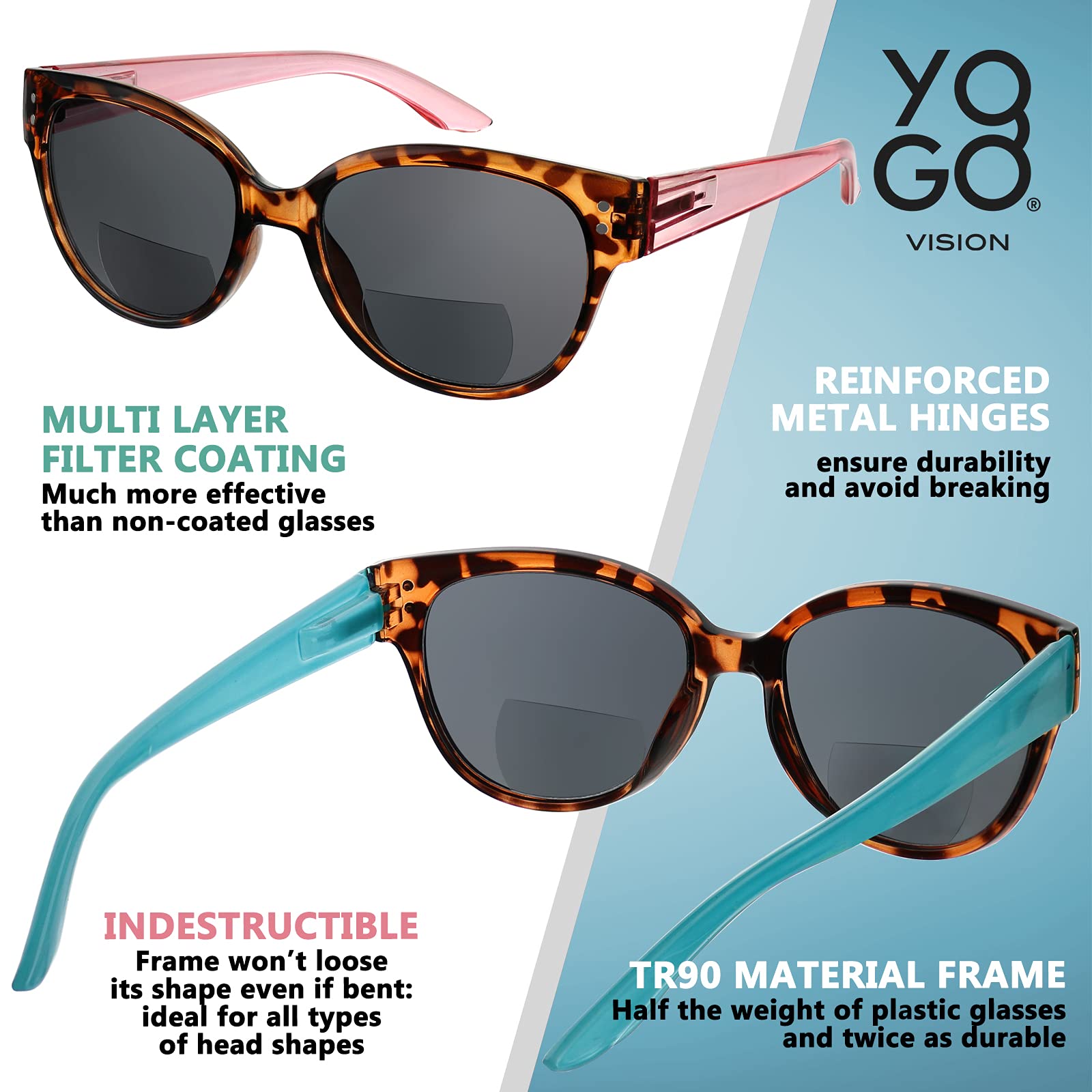 Yogo Vision Occhiali Da Sole Per Donna, Occhiali Da Sole Classici In Stile Retrò, Occhiali Da Sole Per Esterni, Confezione Da 3: Marrone Avana Rosa, Marrone Avana Azzurro, Trasparente Trasparente 2,5