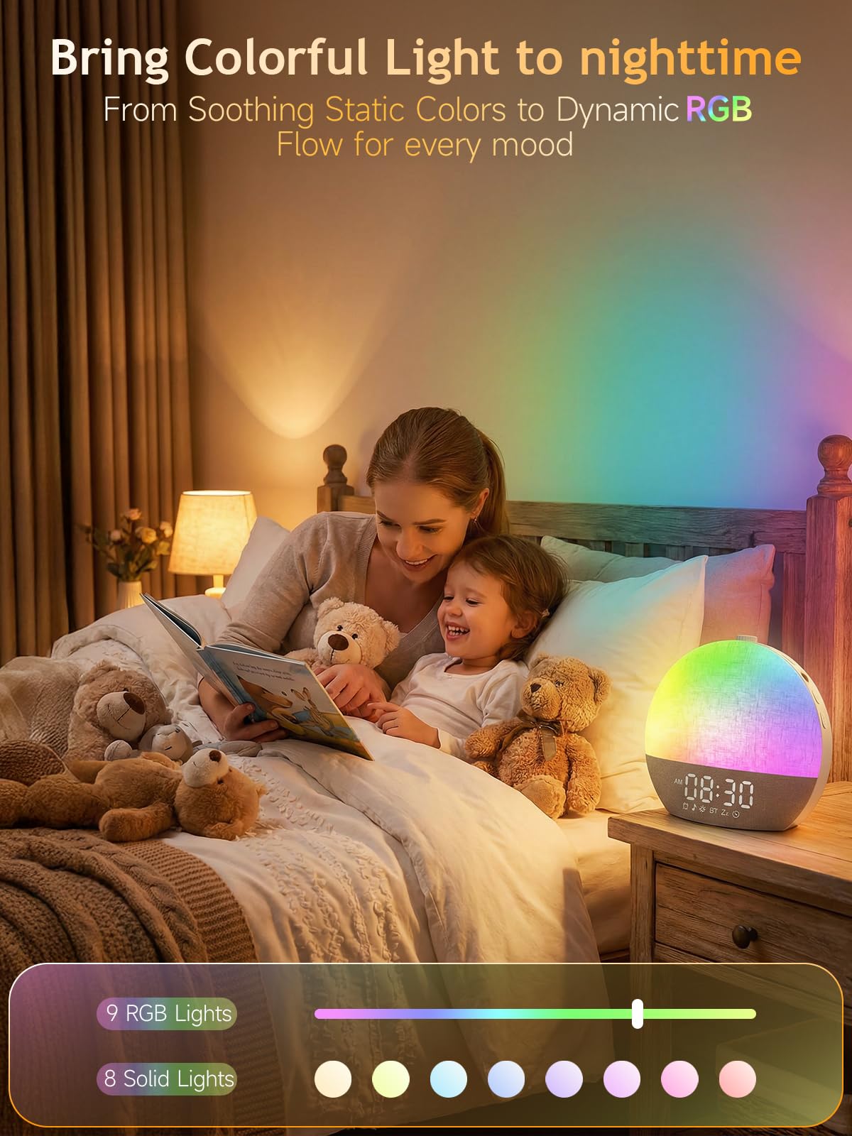 Despertador Amanecer, Despertador con Luz Natural Simulación de Amanecer, Lámpara de Cabecera Bluetooth, 30 Sonidos Ruido Blanco, 17 Modos de Luz RGB, 20 Niveles de Brillo, Temporizador y Snooze