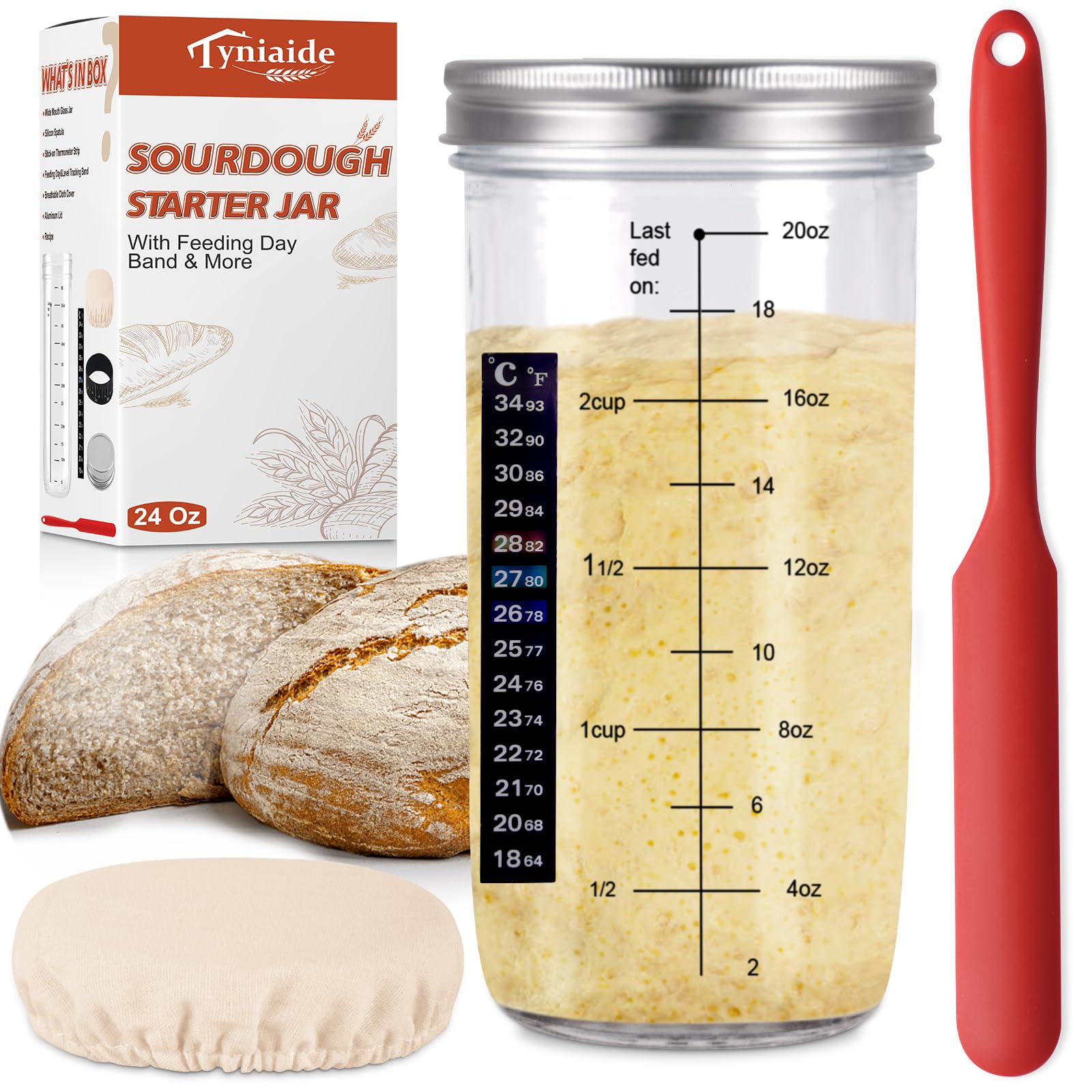 24 Oz Sourdough Starter Kit – Extra Thermometer Strips and Breathable Covers Included in Sourdough Starter Jar – A Perfect Sourdough Bread Starter Kit for Beginners to Expert