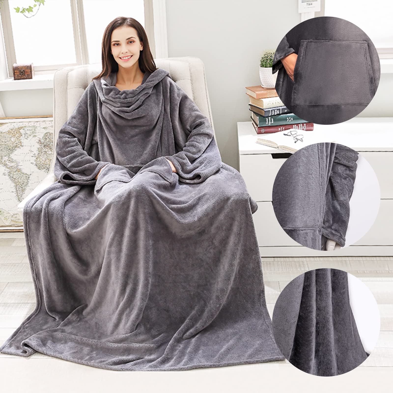 Ergocar Manta usable, Manta con Mangas y Bolsillos, Manta de TV de Franela, Manta de Forro Polar Suave y Gruesa, Caliente y Acogedora Manta para Sofá, Oficina, 150x180 CM