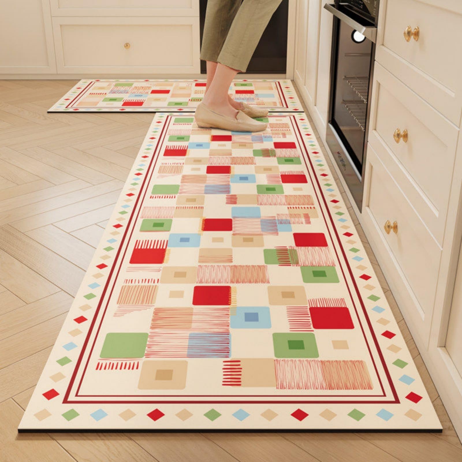Tappeto Cucina 50X80Cm+50X60Cm Rosso Beige Moderni Tappetini Da Cucina 2 Pezzi,Antiscivolo Impermeabile Tappeti Da Cucine,Lavabile, Adatto Per Corridoi, Cucine, Bagni