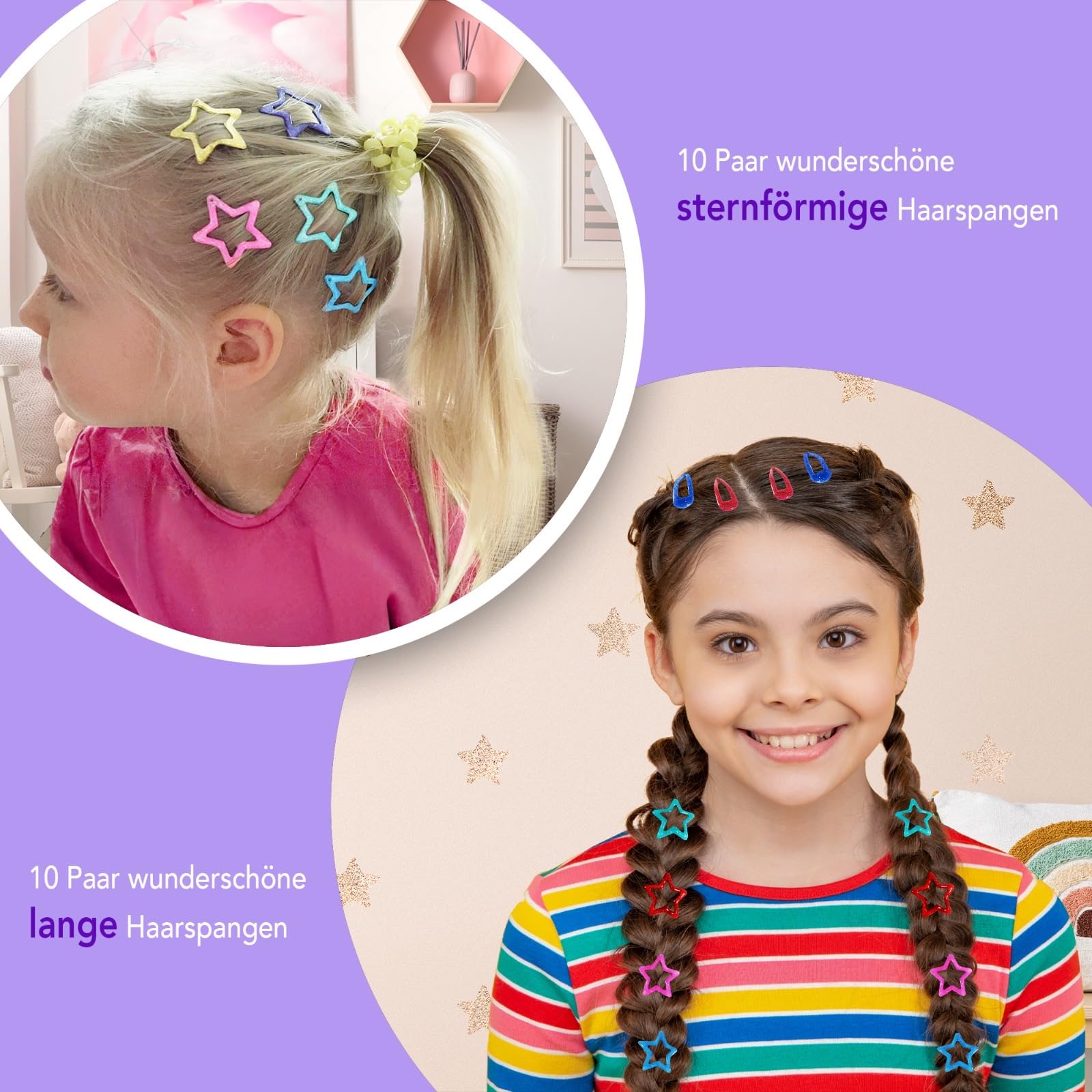 PAVELS Star Hair Clips Girls Set including Hair Scrunchie for Children Glitter Hair Clip Colourful 5 cm Cute Hair Clips Metal No Pull (Solid (Pink)) - Image 3
