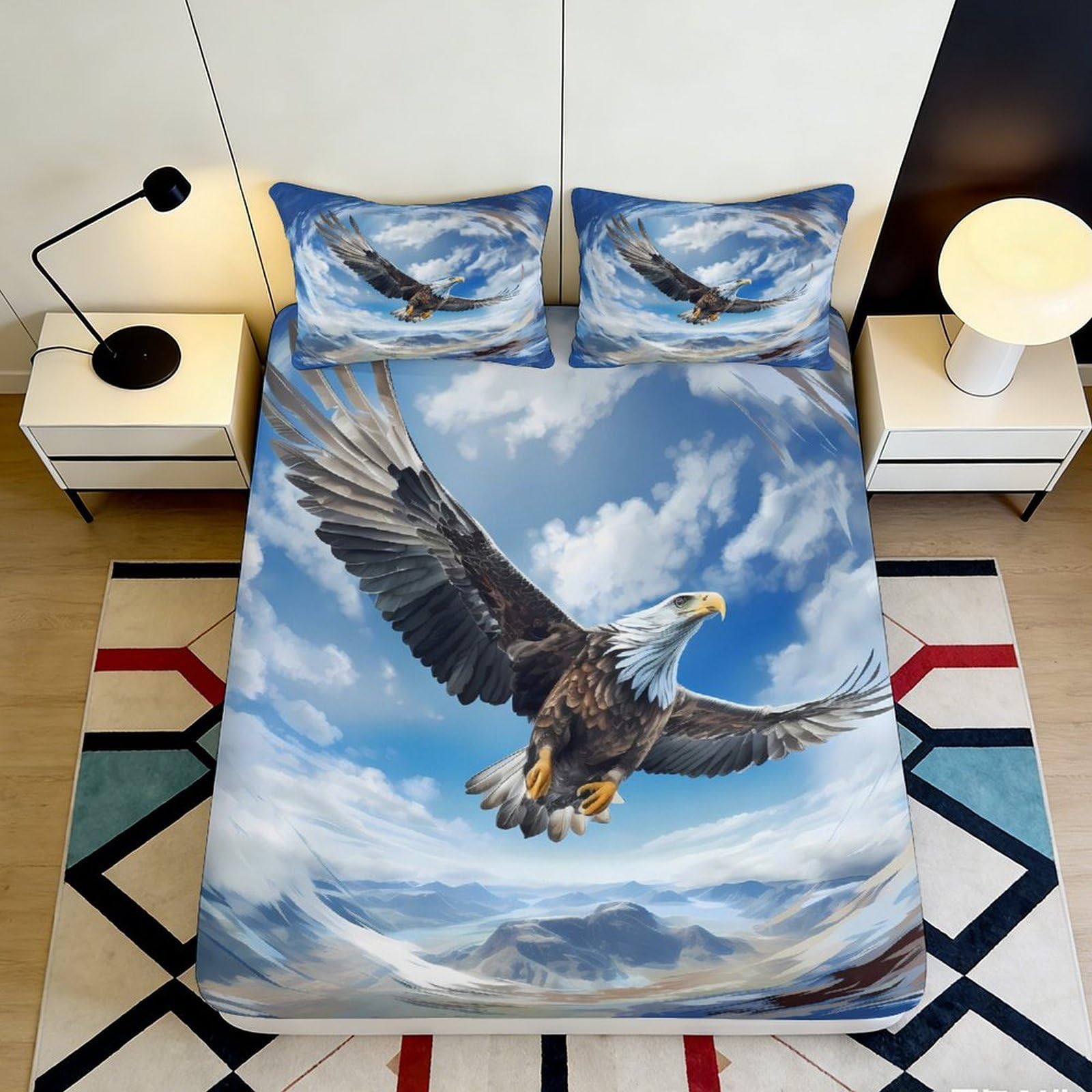3D Printed Soaring Eagle Fitted Sheet Microfiber Bedroom Decor Mountain Sky Mattress Cover for Home Guest Room 90x200x25cm