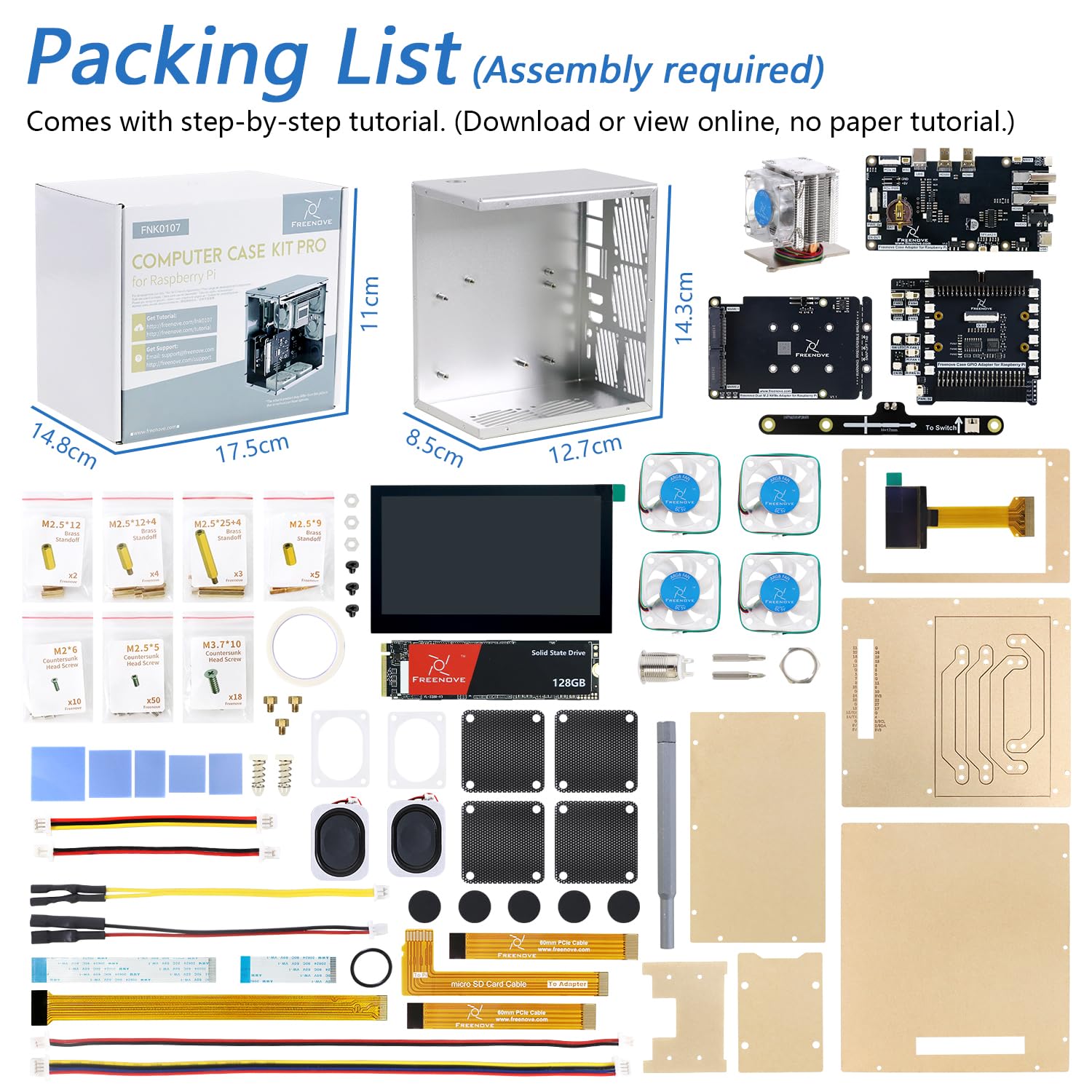 Freenove Raspberry Pi 5 Case Kit Pro (with 1x 128GB SSD), Dual M.2 NVMe SSD Slots, 5 PWM ARGB Fans Light Sync, CPU Tower Cooler, 4.3" Touchscreen, Stereo Speakers, 3.5 mm Audio