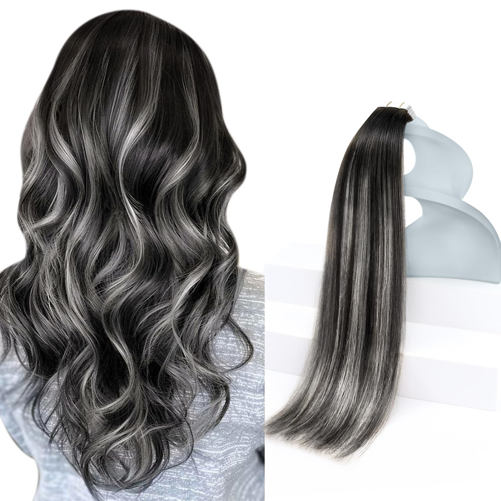 Sunny Hair Tape in Hair Extensions Real Human Hair Invisible Remy Hair Extensions Tape ins for Women Natural Black Roots to Silver Grey Balayage 22