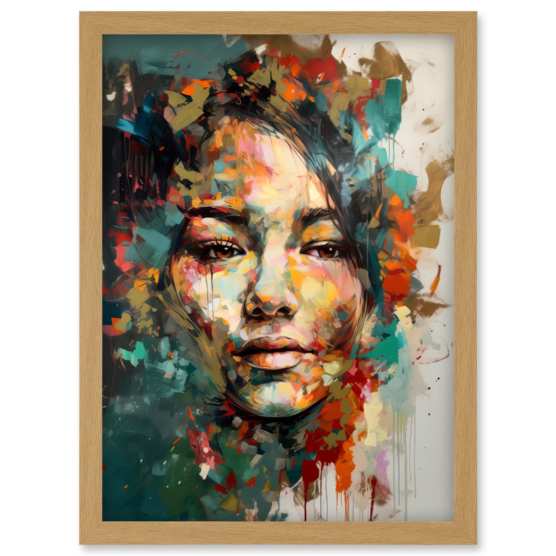 Artery8 Sad Young Woman Face Beauty Portrait Multicoloured Artwork Framed Wall Art Print A4