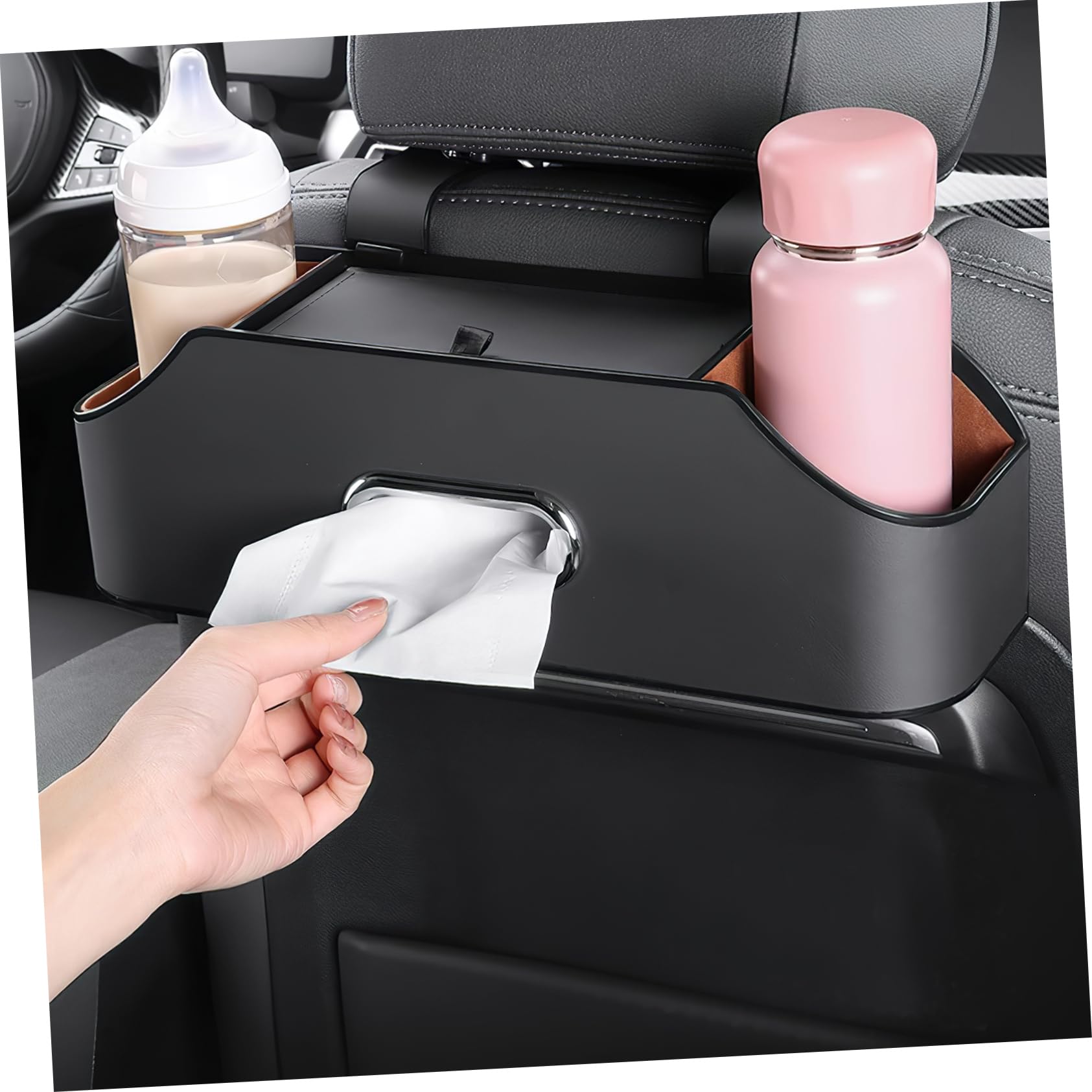 Cabilock Organizador para Asiento Trasero de Coche Caja de Almacenamiento de Artificial Portavasos Instalación Compartimentos Multiples Duradero Accesorios para Automóvil
