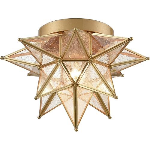 DAYCENT Brass Moravian Star Flush Mount Ceiling Light with Seeded Glass Shade Modern Gold Moroccan Star Ceiling Light Fixture for Hallway Bedroom Kitchen