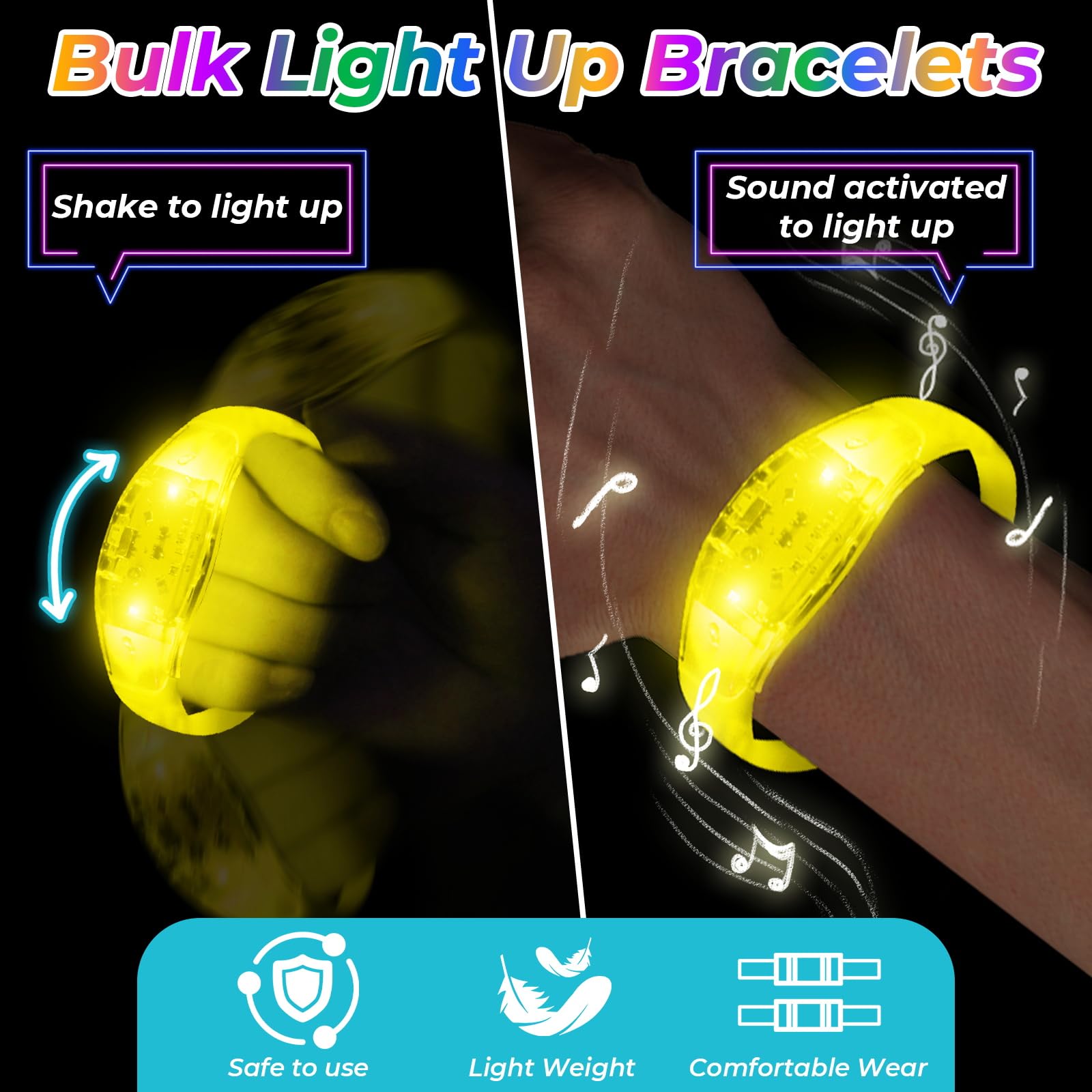 Lot de 24 bracelets lumineux clignotants activés par le son - Contrôle de la musique - Bracelets phosphorescents pour récompenses de jeux de rave, carnaval, concerts, événements nocturnes