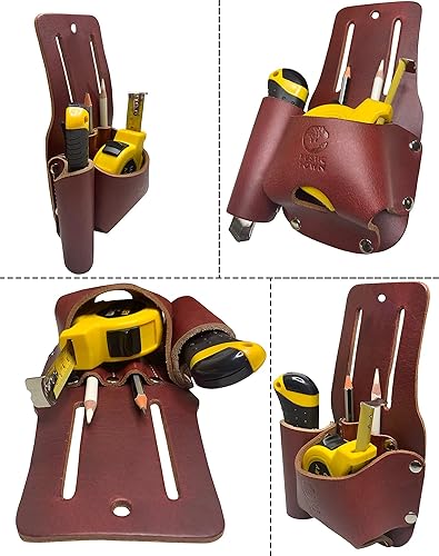 Miniatura 6 de RUSTIC TOWN Soporte de cinta métrica de cuero para cinturón de herramientas, funda retro para cuchillos de bolsillo, organizador de bolsa de