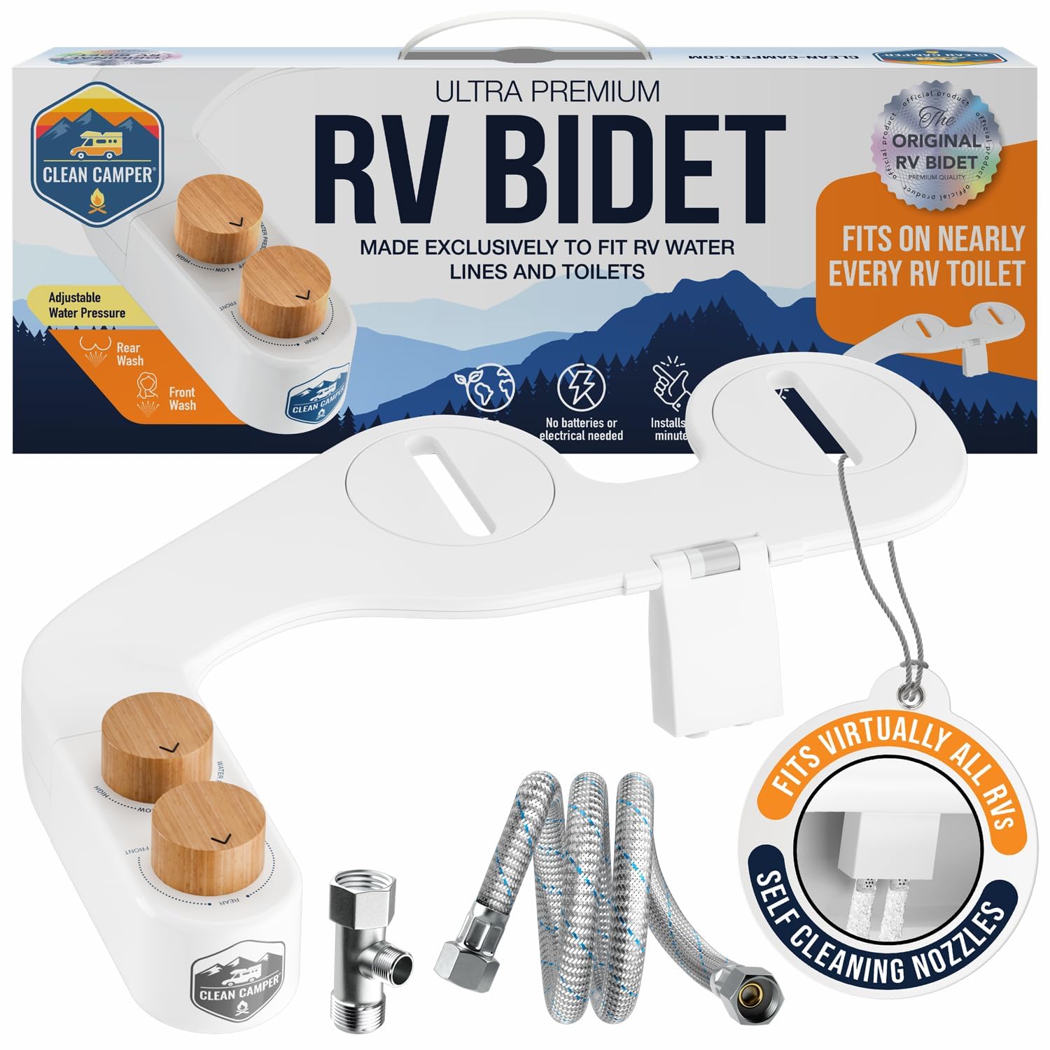 Clean Camper The Original RV Bidet Self-Cleaning Dual Nozzles | Non-Electric, Reversible Design | Easy Installation, RV Waterline Compatible | Adjustable Gentle Water Pressure | Eco-Friendly