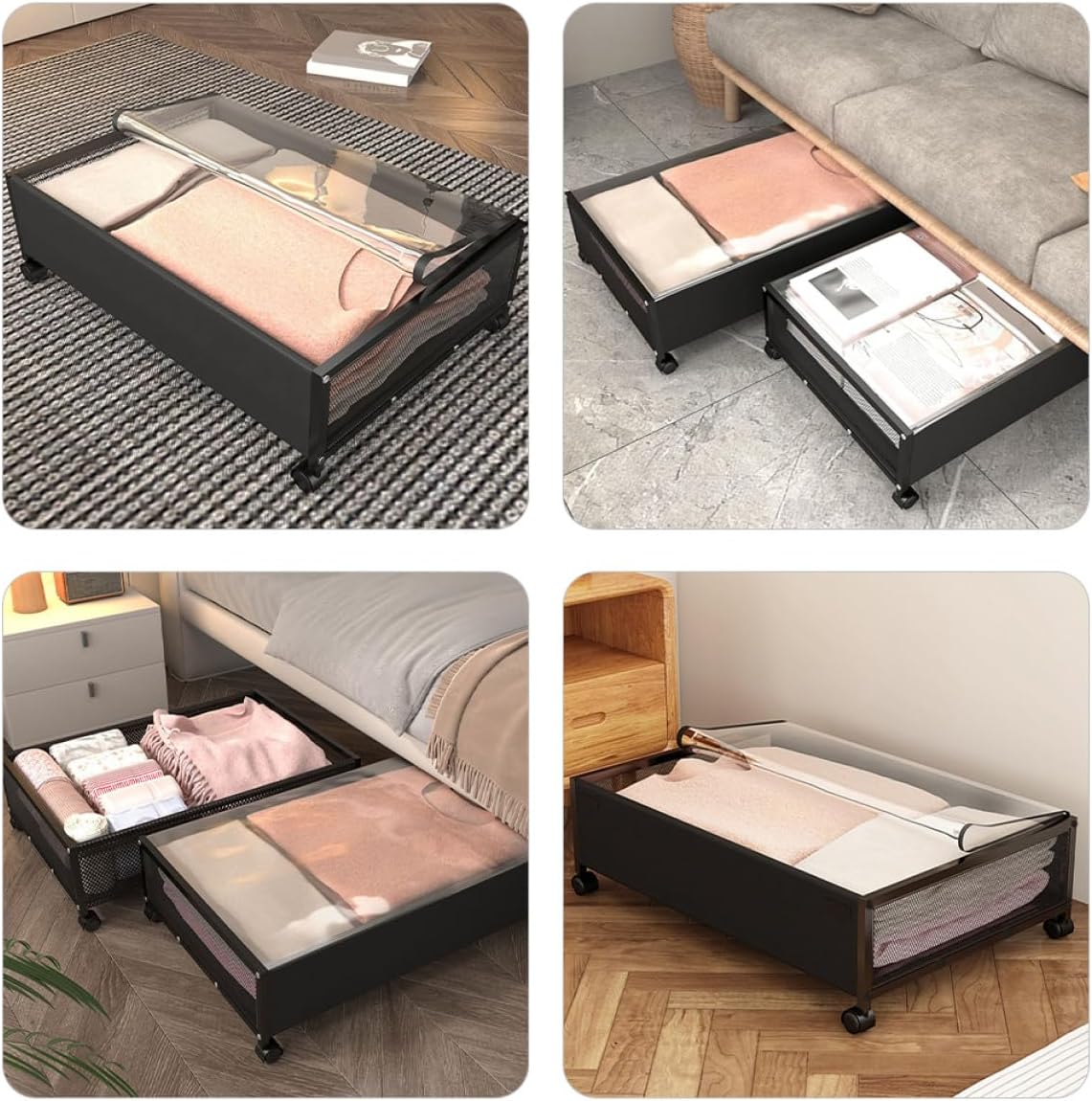 Under Bed Storage Organizer with Wheels Multifunctional Storage Box for Clothes Books Space-saving Rolling Container for Dorm Nursery Laundry Bathroom Black Transparent Cover